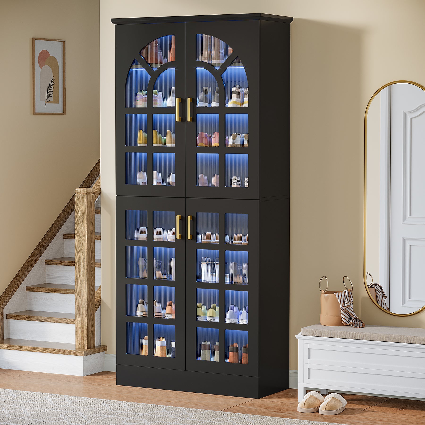 69" Shoe Cabinet, 8-Tier Shoe Rack Organizer with Doors and Led Lights