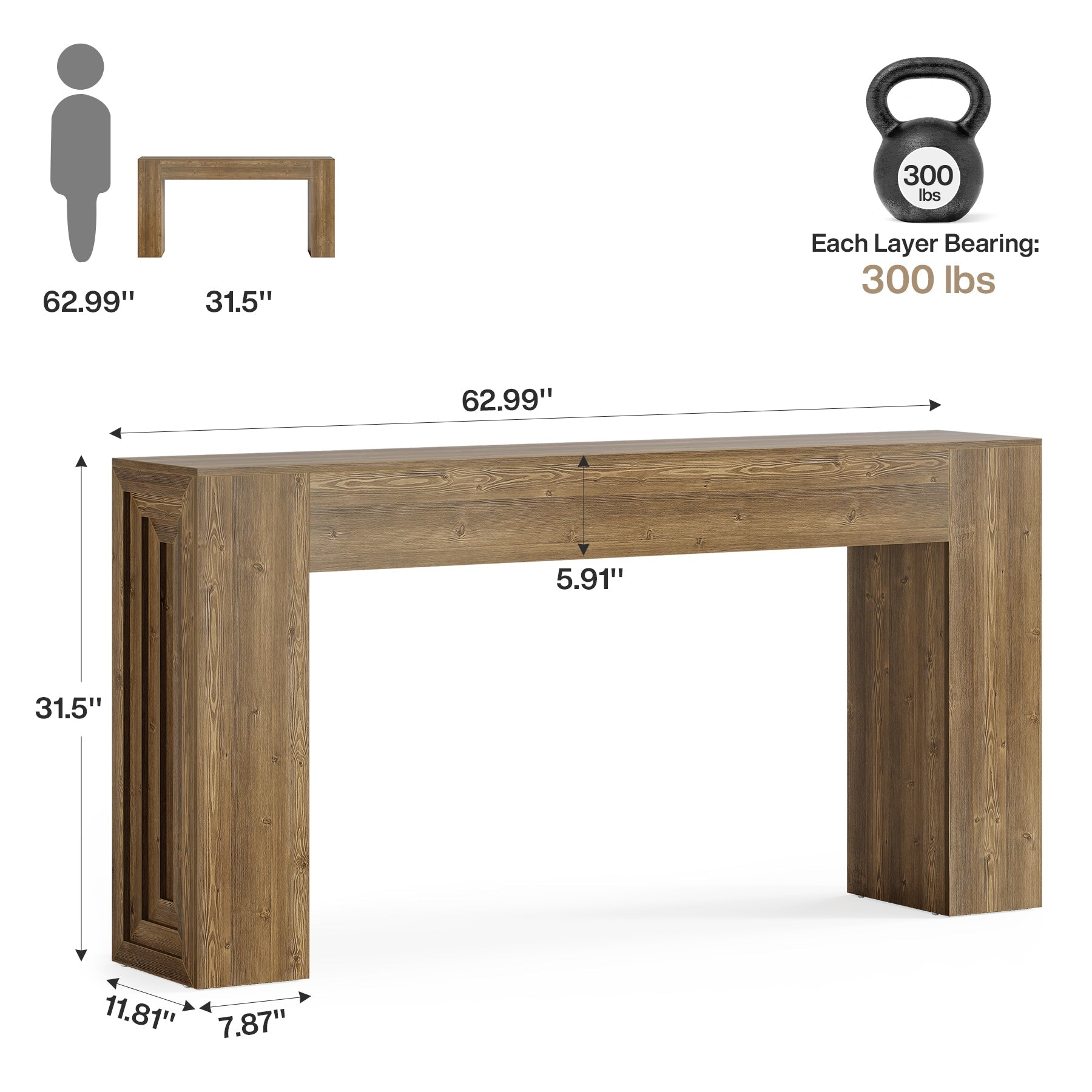 63" Console Table, Rustic Sofa Table Hallway Table with Stable Legs