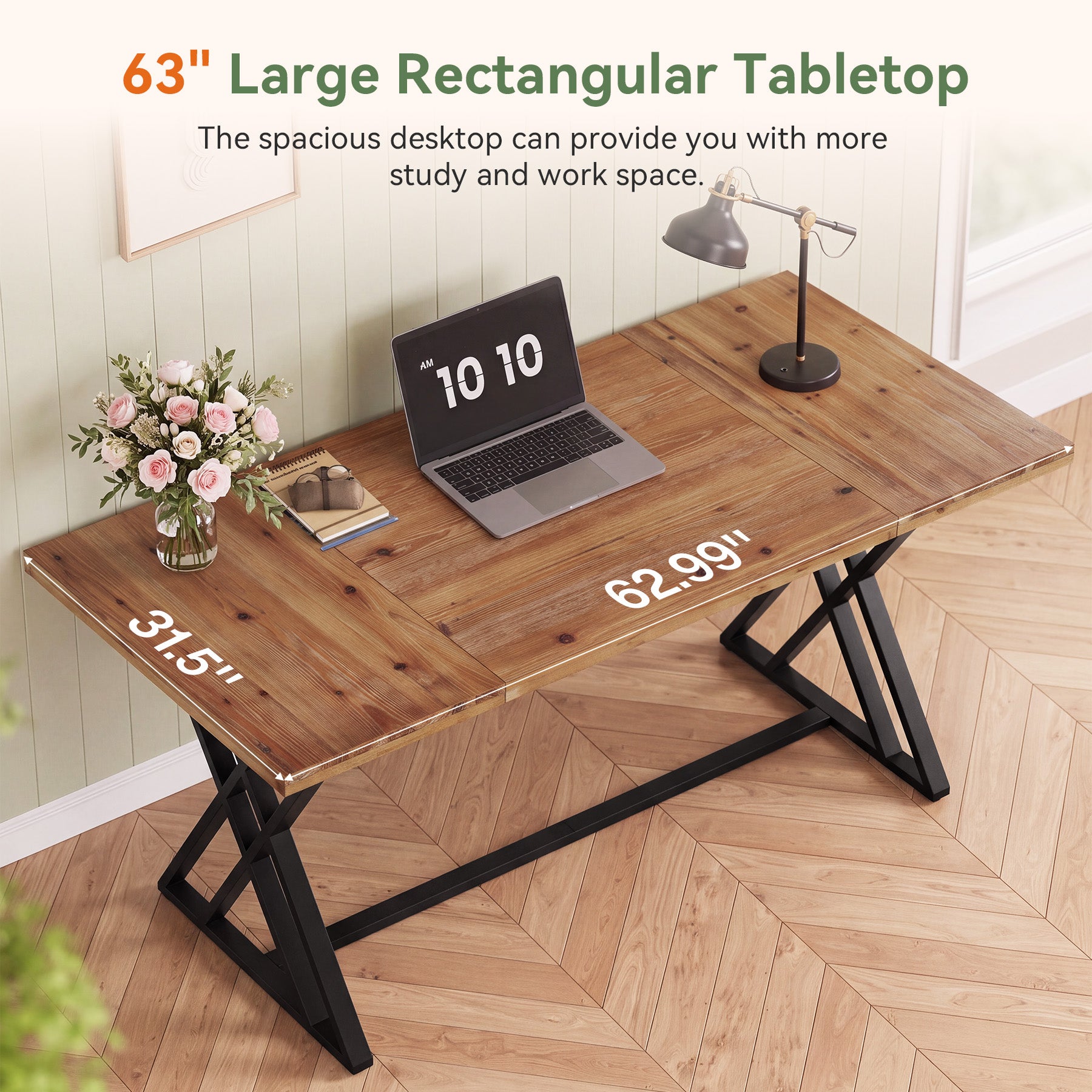 63" Solid Wood Computer Desk, Farmhouse Home Office Table with X-Shaped Metal Frame
