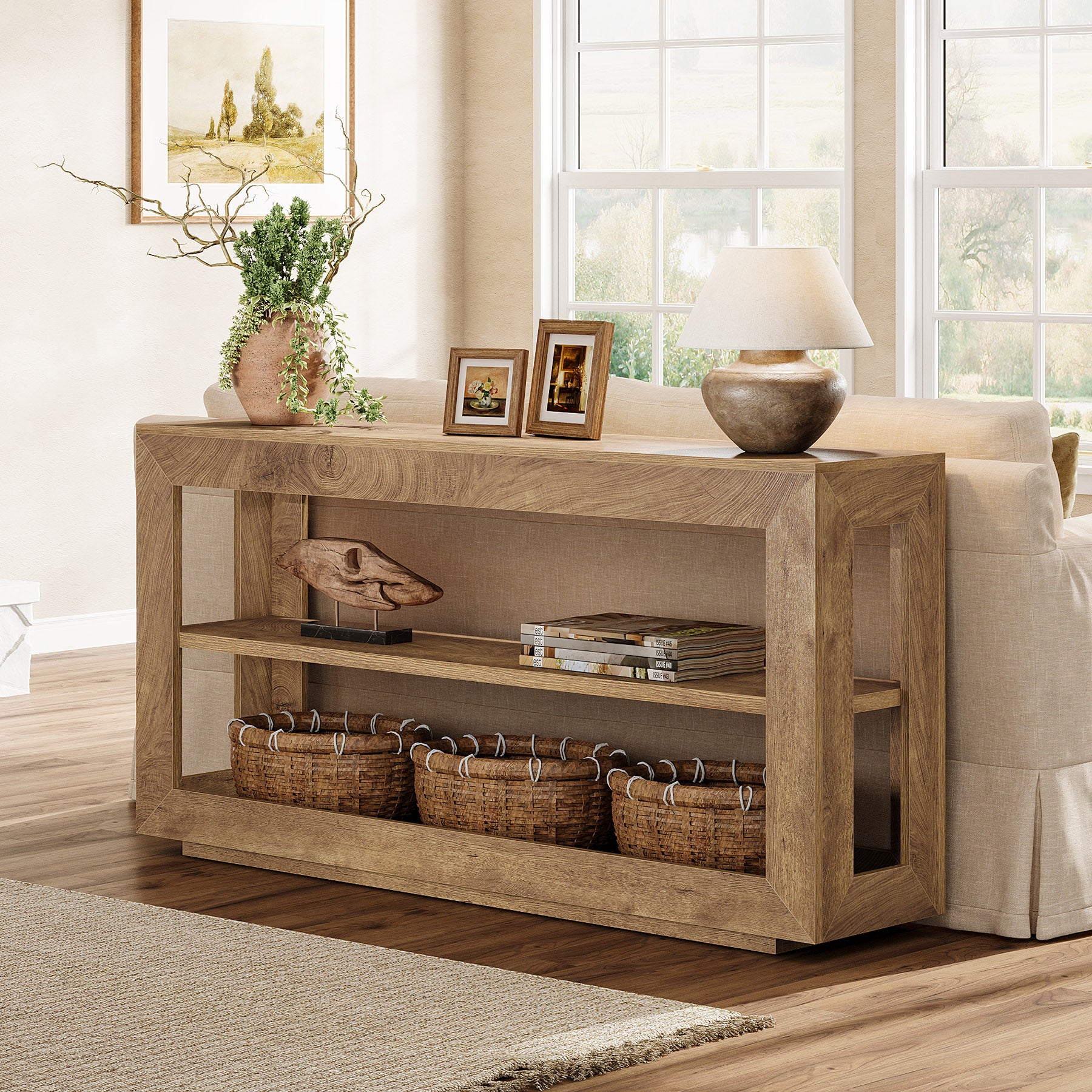 63" Console Table, Farmhouse Entryway Table with 3-Tier Storage Shelf
