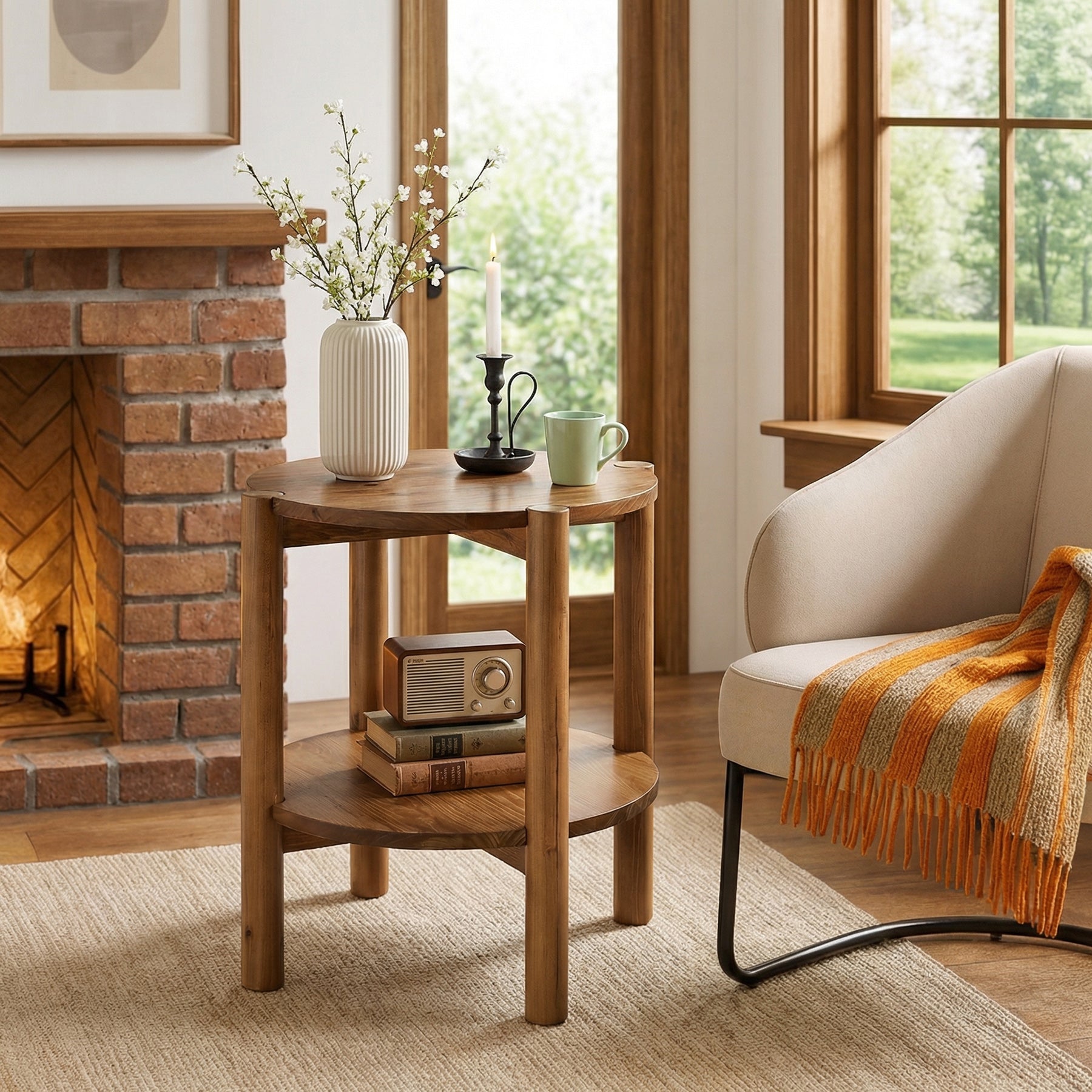 Solid Wood Round End Table, 2-Tier Small Side Table with Storage Shelf