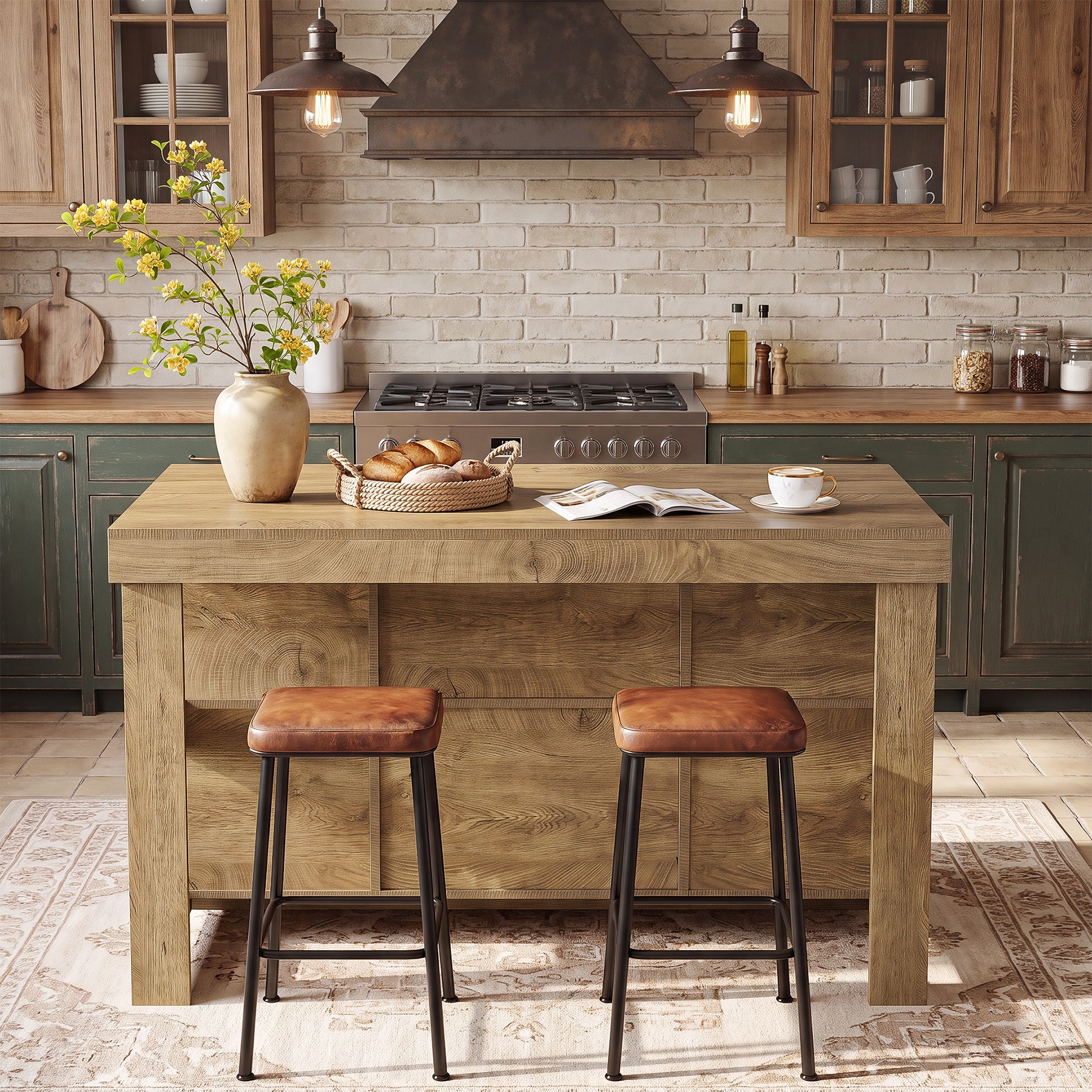 55" Kitchen Island, Farmhouse 3-Tier Stationary Island Table with 6 Storage Cubbies