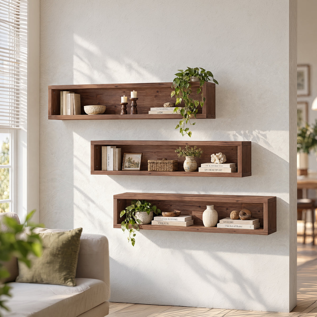 47" Solid Wood Floating Cube Shelves, Set of 3, Wall-Mounted Open Display Storage