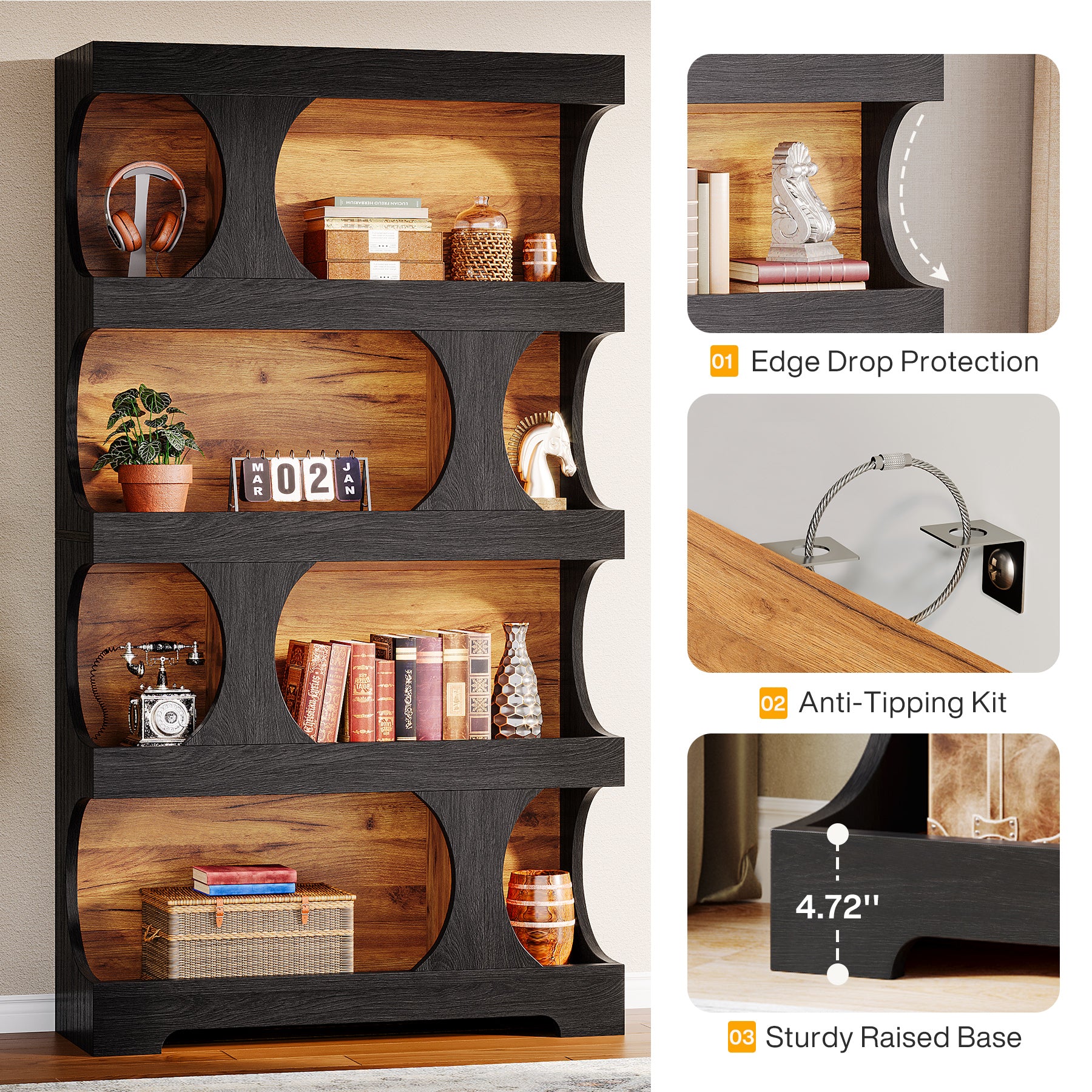 71" Bookcase, Modern Asymmetrical Bookshelf 4-Tier Display Shelf