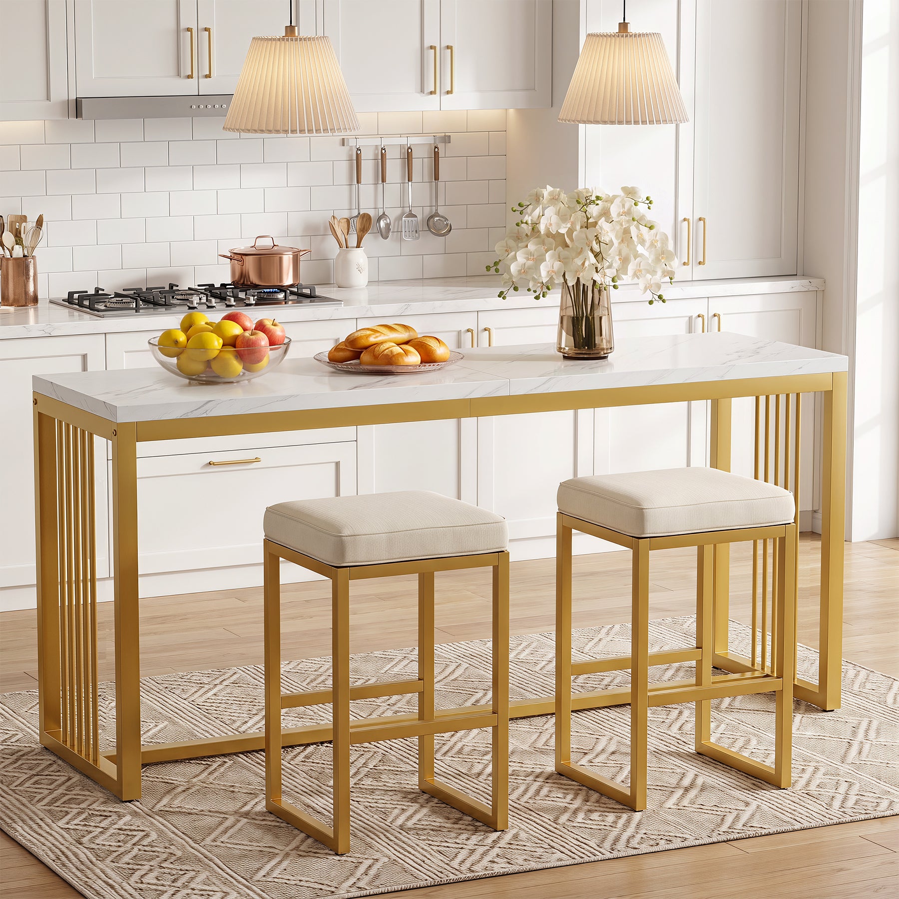 70.8" Bar Table, Counter Height Pub Table with Metal Base, Narrow Kitchen & Dining Room