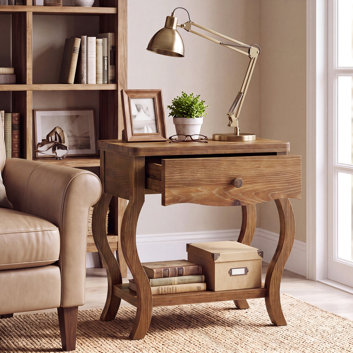 Rustic Solid Wood End Table with Drawer, 24"W Tall Side Table, Living Room
