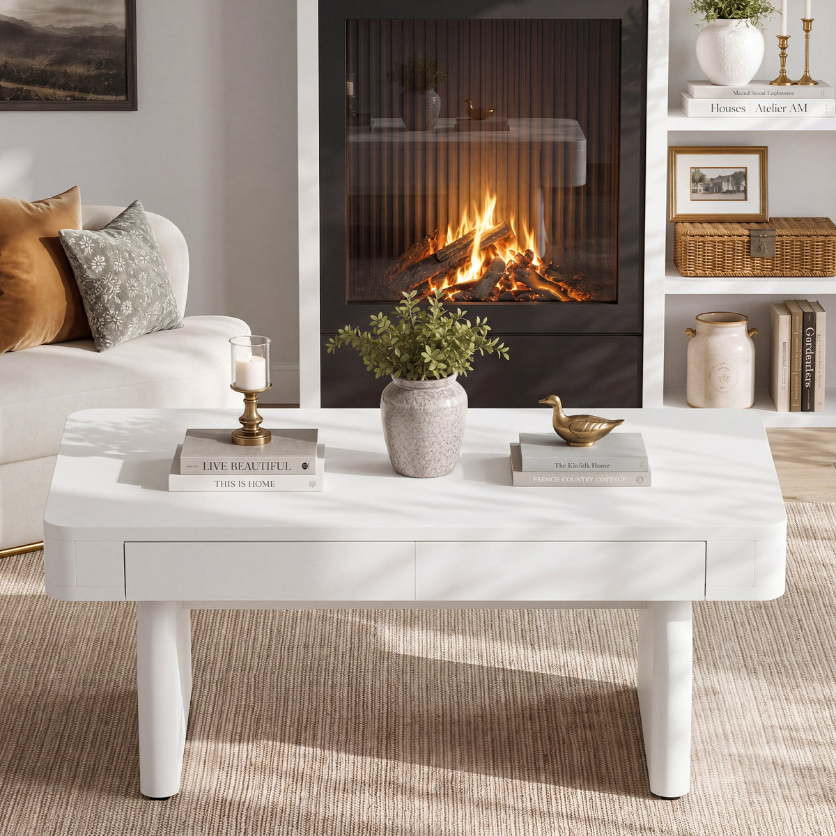 47.24 Inch White Coffee Table with 2 Drawers and Storage, Modern Rectangular Center Table for Living Room