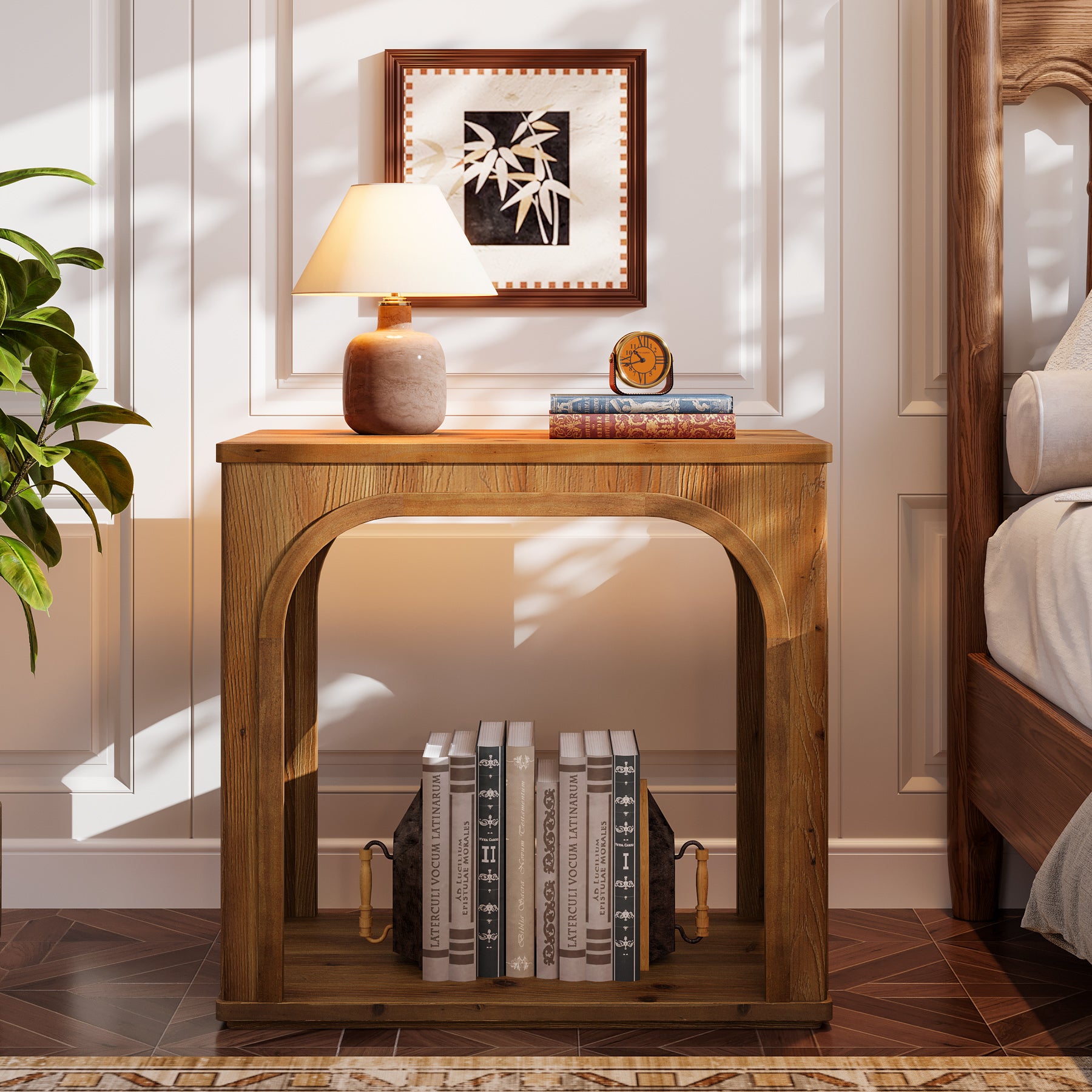 25" Farmhouse Side Table, 2-Tier Solid Wood End Table with Shelf