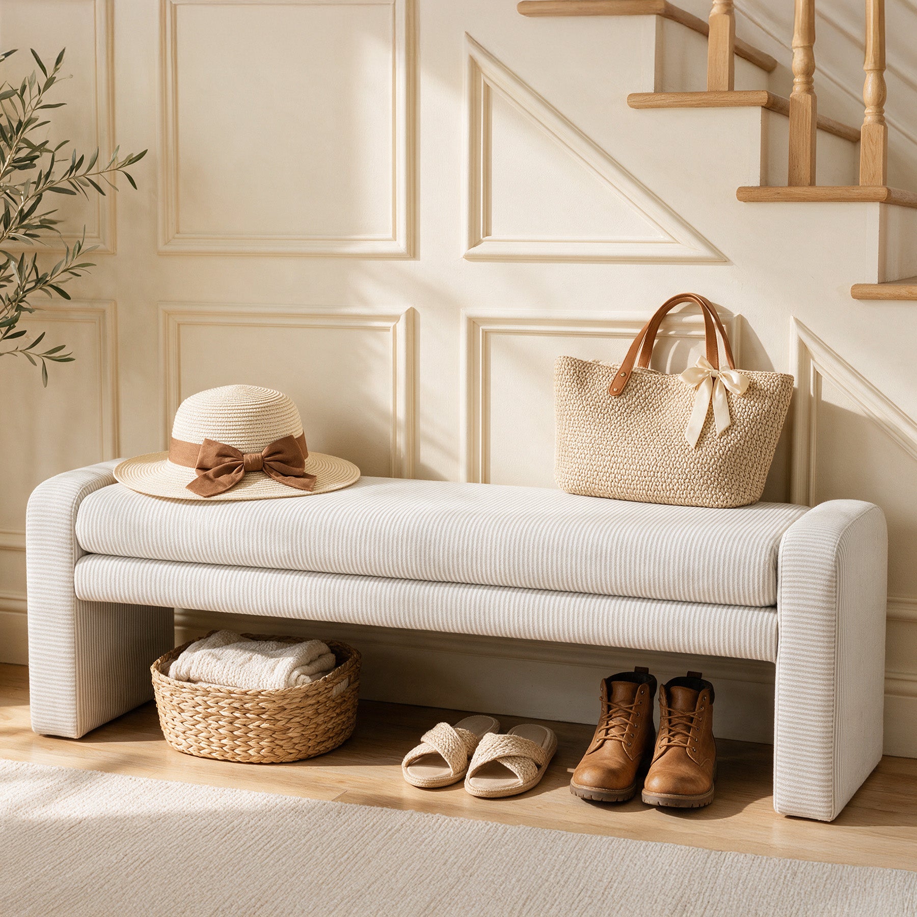 55" Solid Wood End of Bed Bench with Cushion, Modern Upholstered Entryway Bench for Living Room