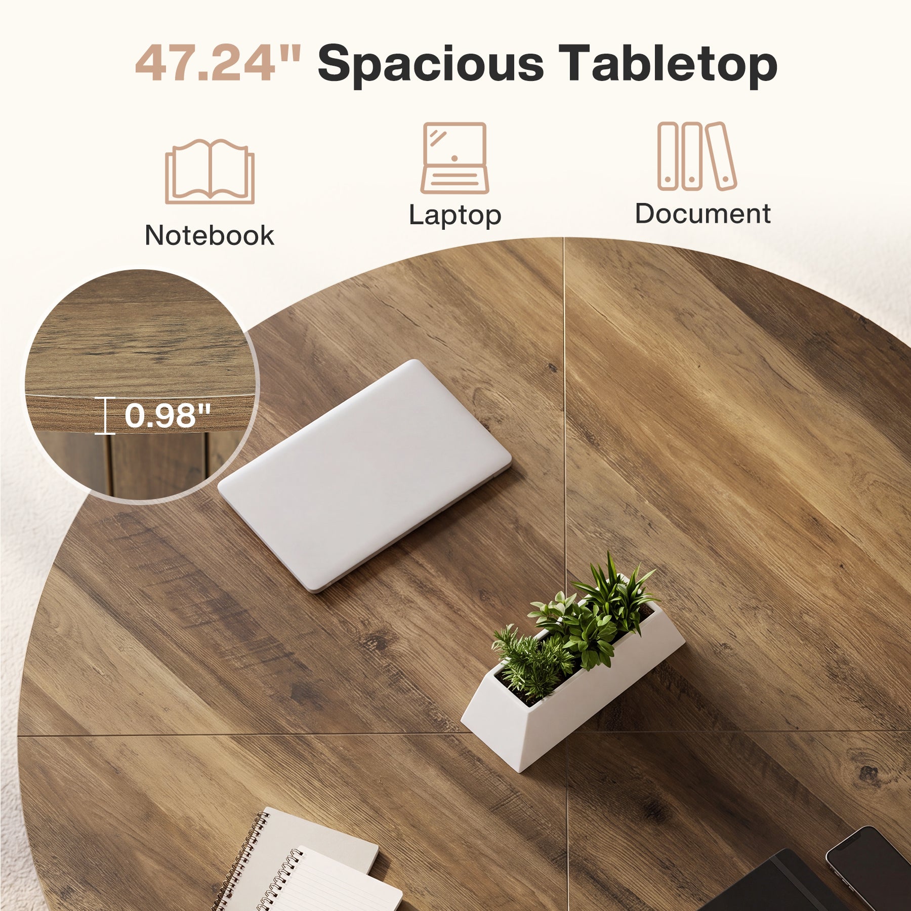 47" Round Conference Table, Farmhouse Office Meeting Table with Sturdy Pedestal for 4-6