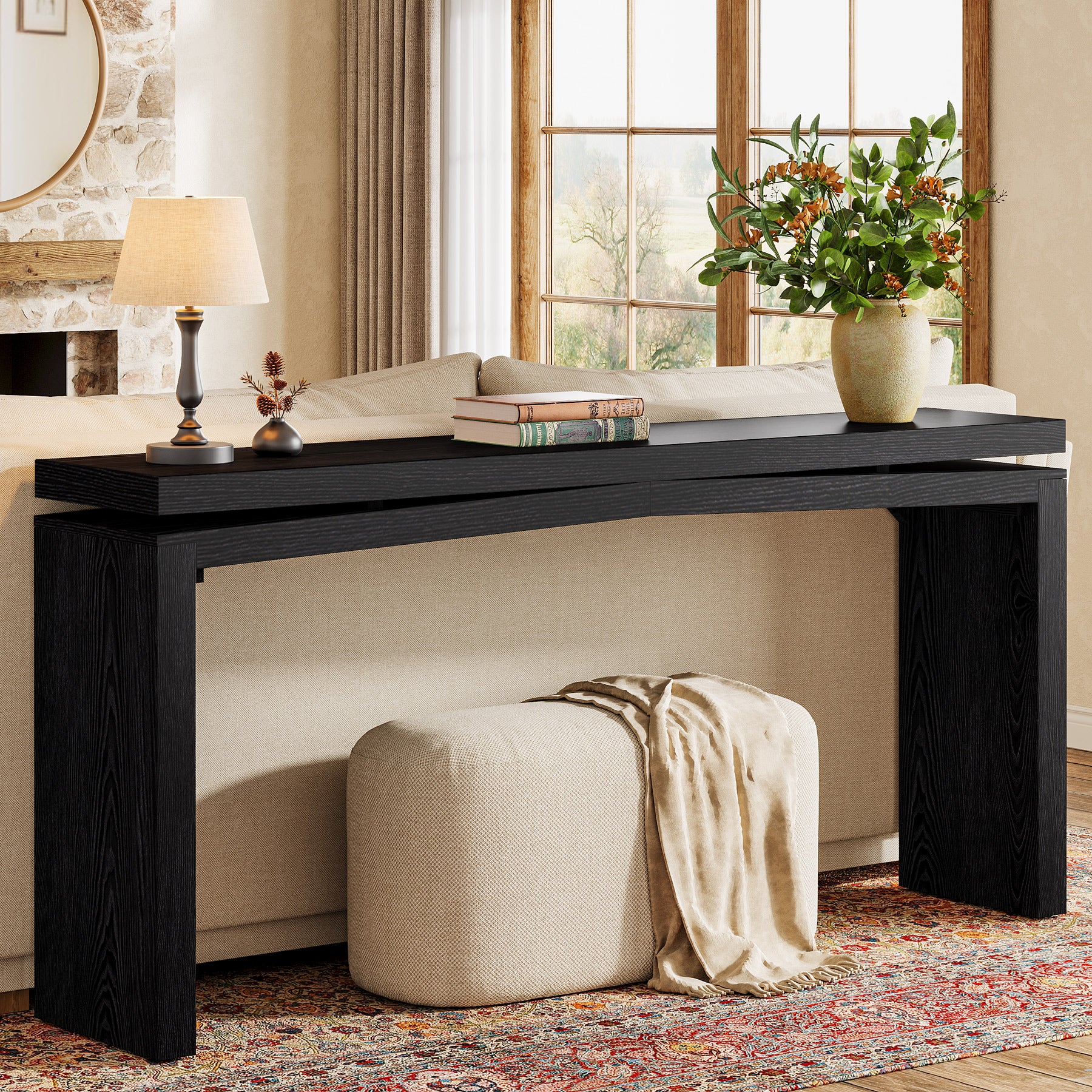 63" Solid Wood Farmhouse Console Table with 2-Tier Shelf, Long Sofa Table for Entryway, Living Room, or Behind Couch