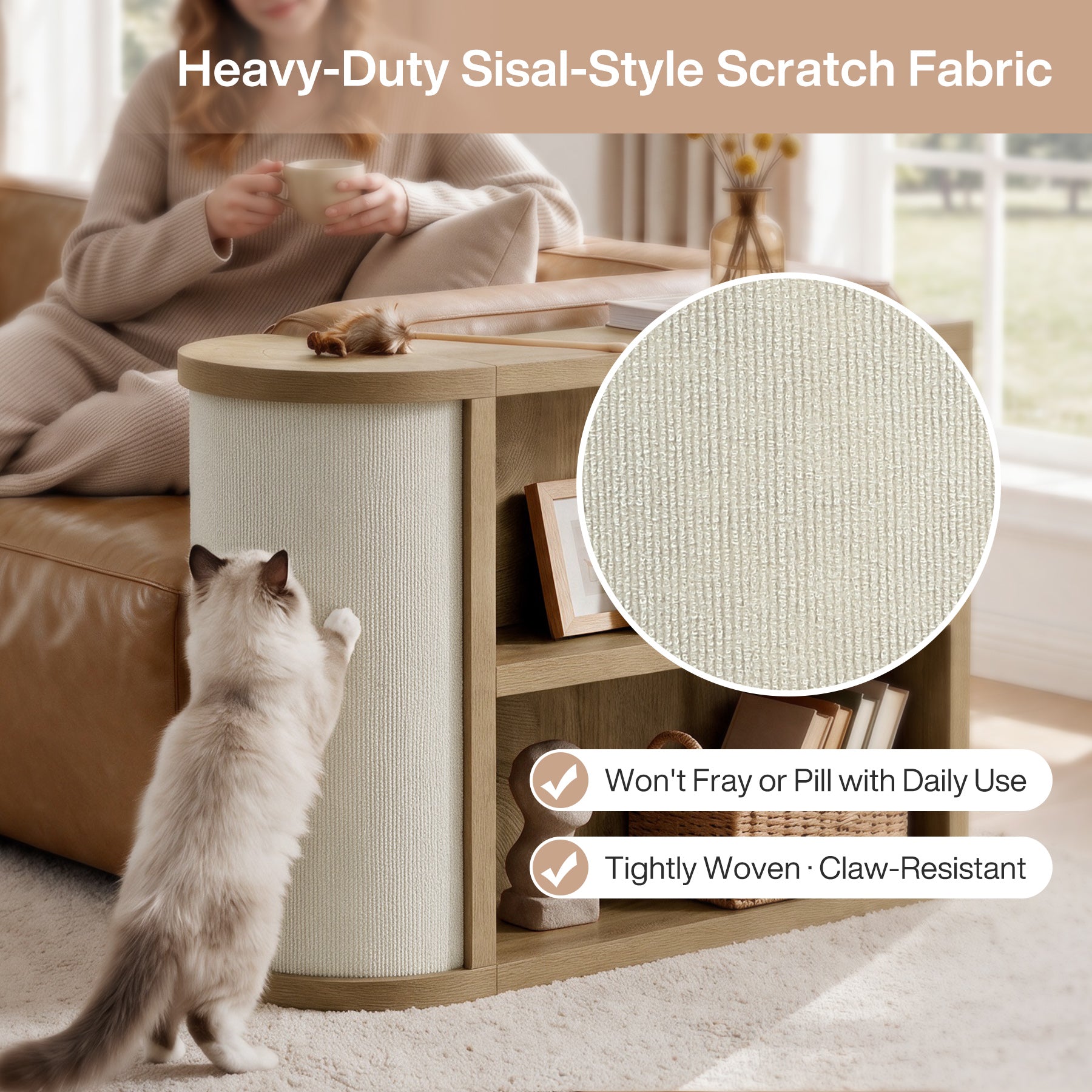 3-Tier End Table, Narrow Sofa Side Table with Reversible Cat Scratcher for Living Room