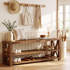 55" Solid Wood Entryway Bench, Farmhouse Shoe Bench with 3-Tier Storage for Living Room, Hallway