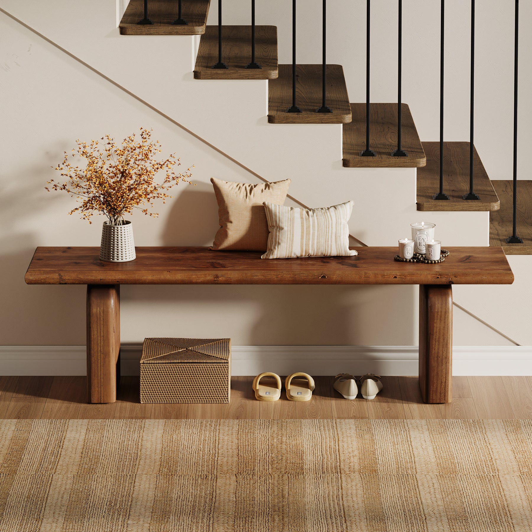 62.99" Solid Wood Entryway Bench, Farmhouse Indoor End of Bed Bench