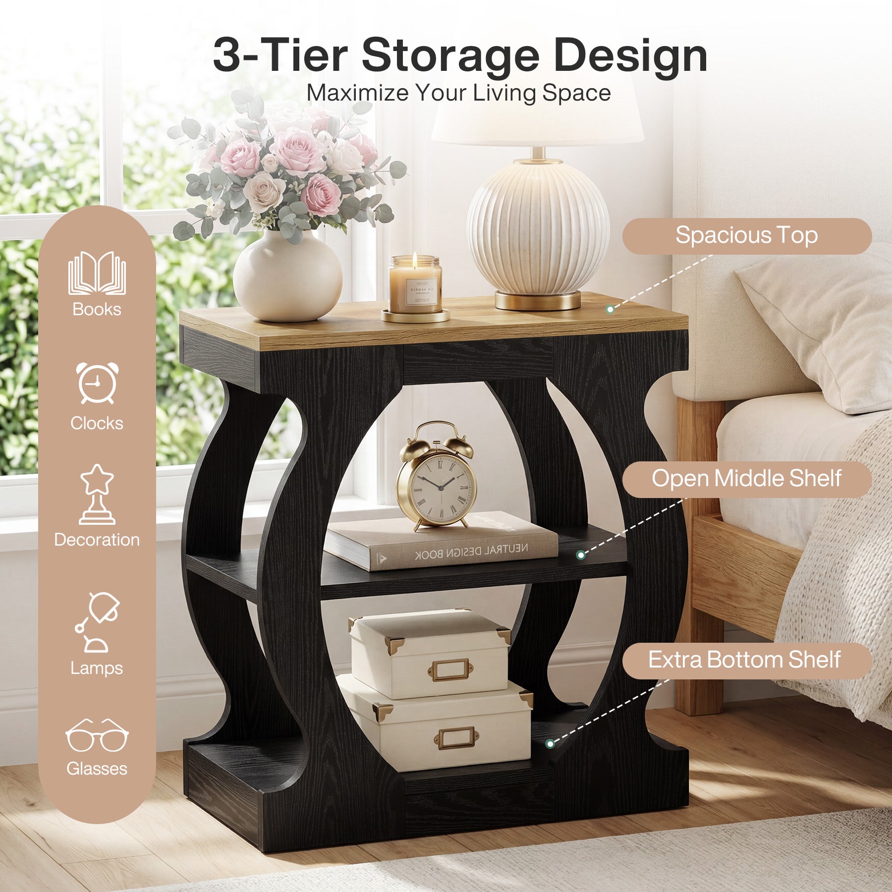 Narrow End Table with 3-Tier Storage Shelves, Bedroom Nightstand for Small Spaces