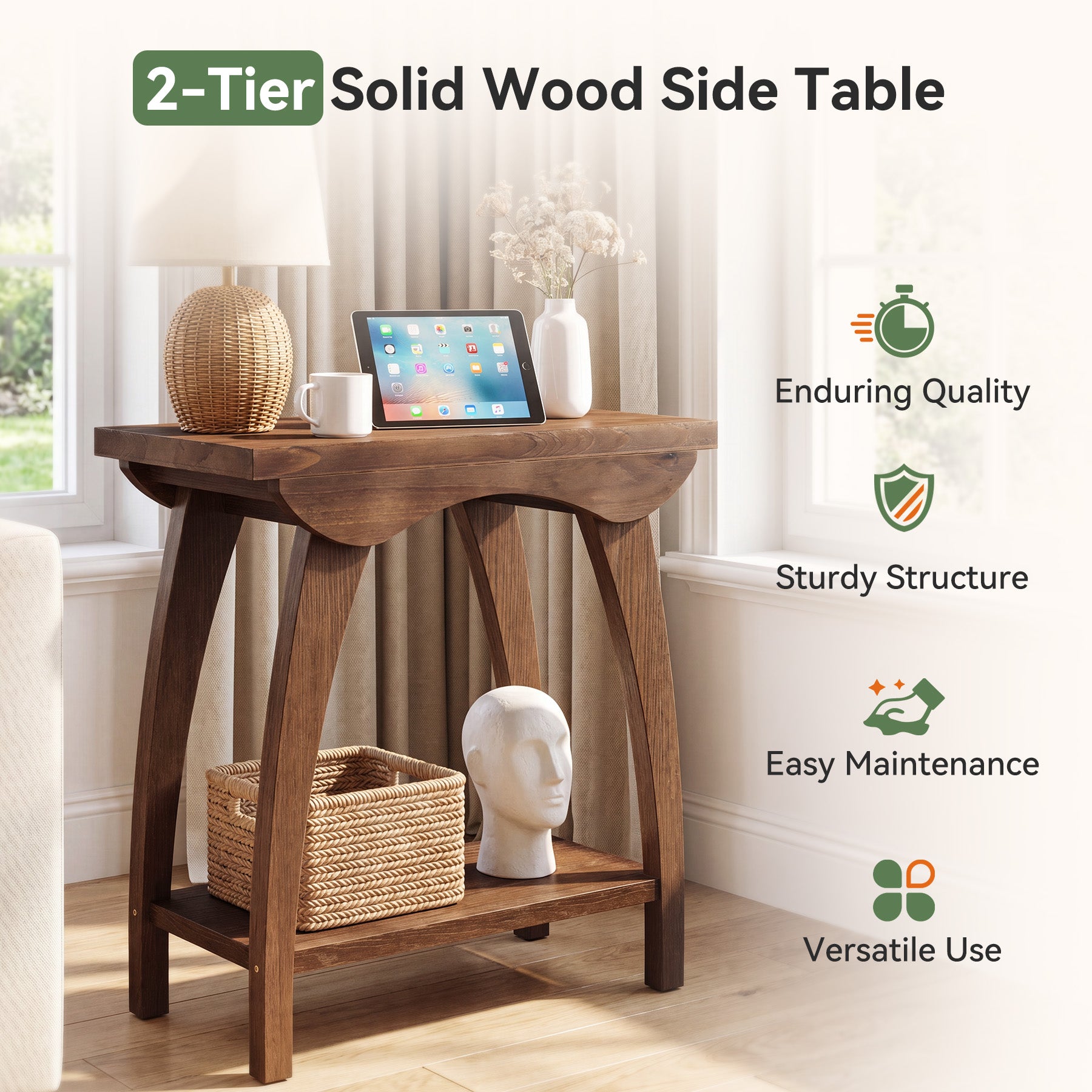 2-Tier Solid Wood End Table, Rectangle Sofa Side Table with Shelf for Living Room