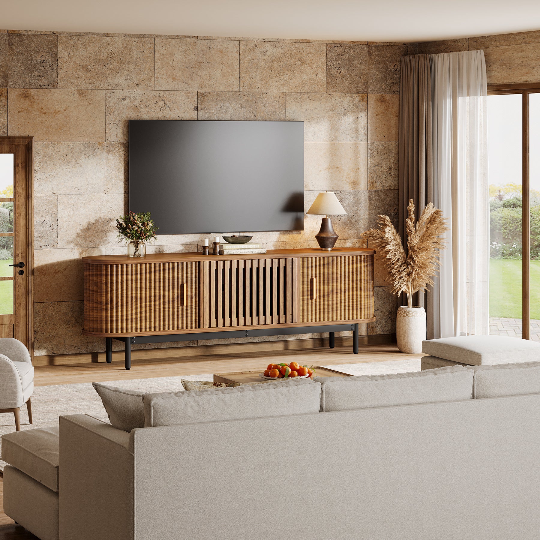 70" TV Stand for TVs up to 80", Fluted TV Console with Metal Legs & Sliding Doors