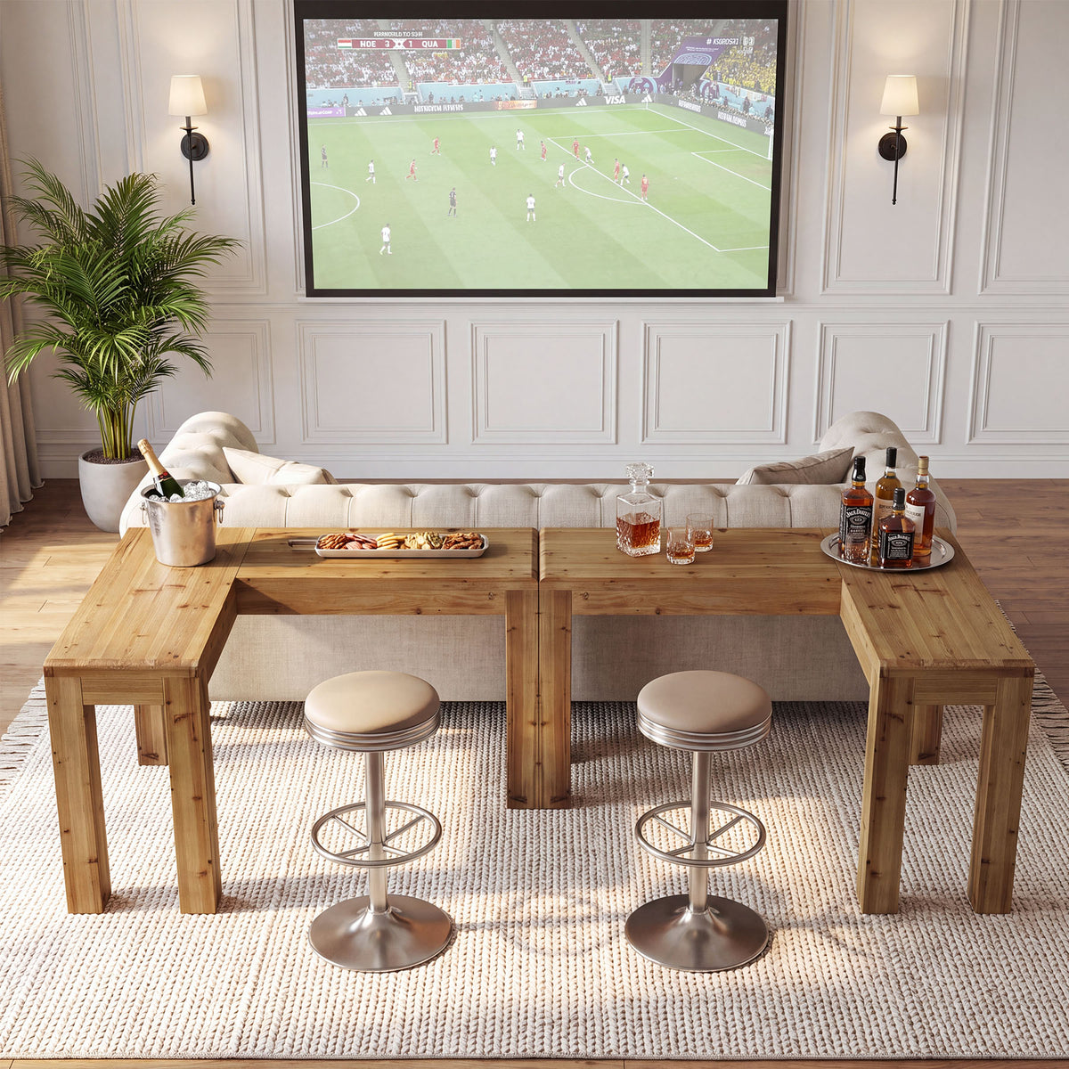 63" Solid Wood L-Shaped Bar Table, Corner Dining Table for Kitchen