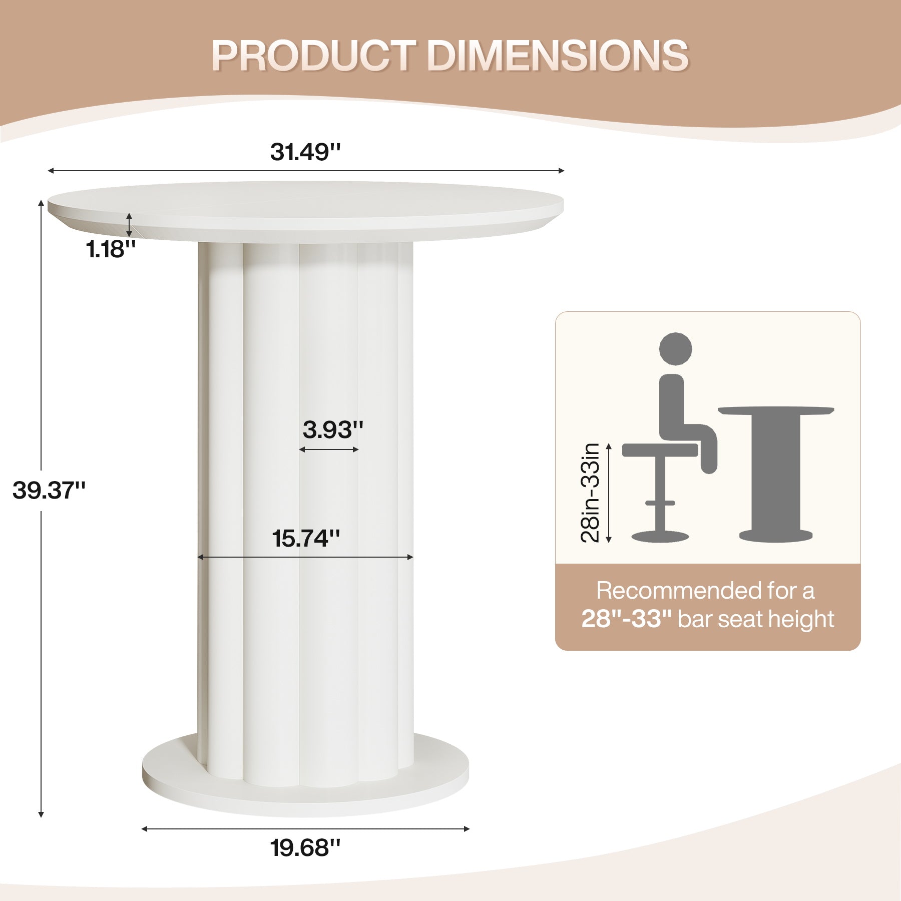 Round Bar Table, 30" Pub Table with Column Fluted Ribbed Leg Base