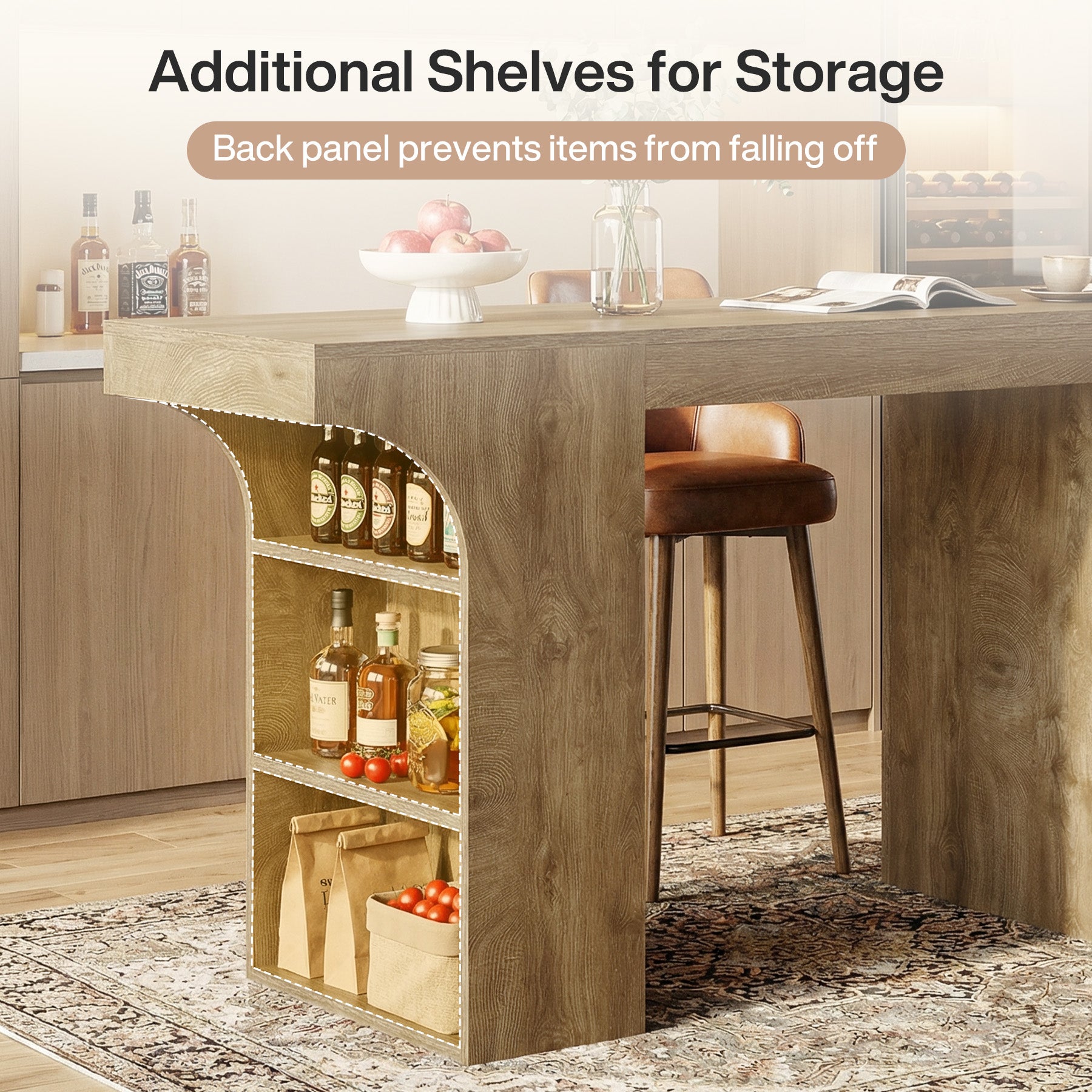 63" Bar Table, Rectangular Counter Height Pub Table with Storage Shelves