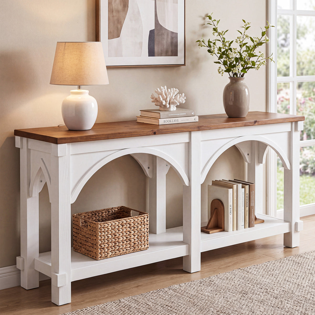63" Solid Wood Console Table, 2-Tier Sofa Table with Storage Shelves for Entryway