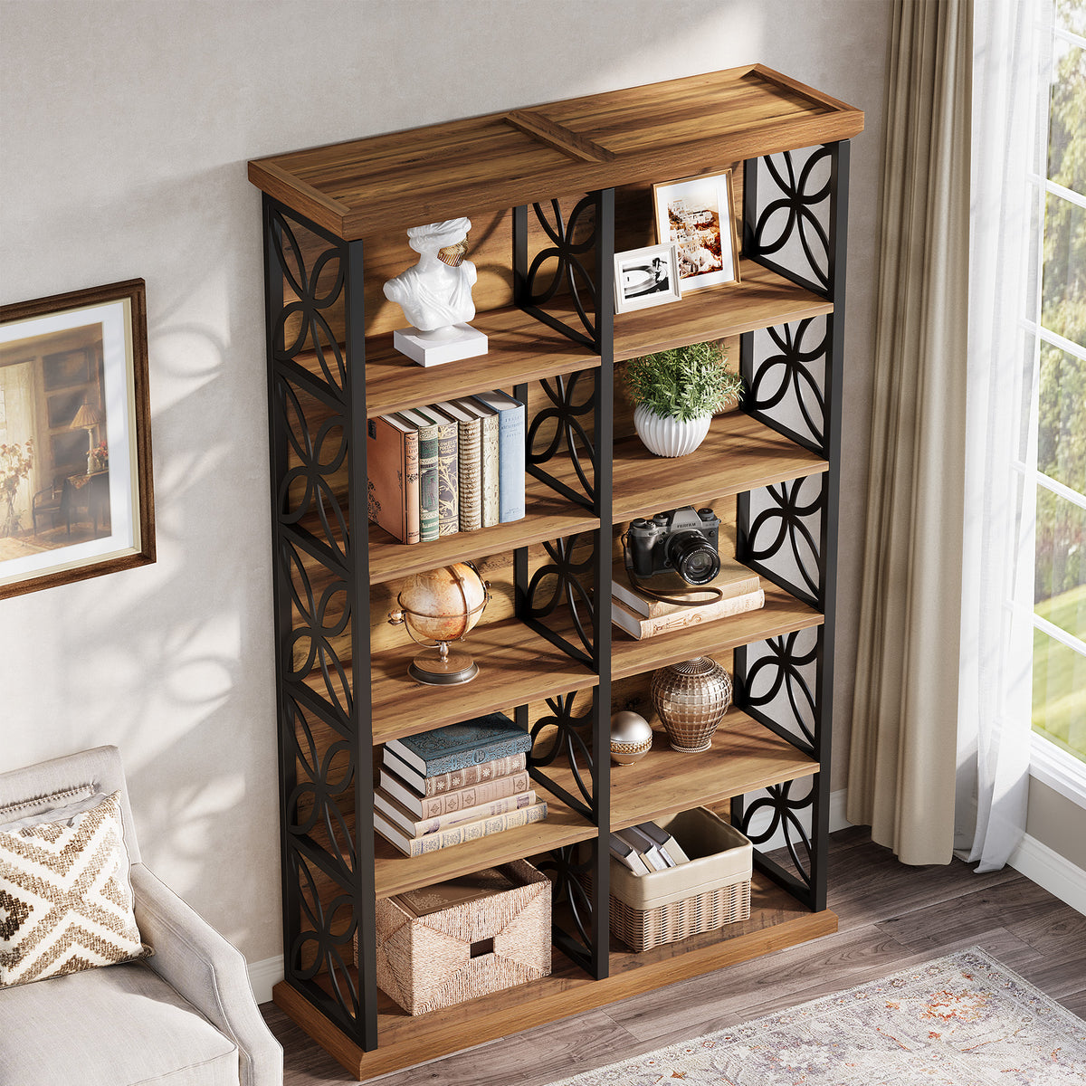 75" Industrial 6-Tier Bookcase, 10-Cube Metal Frame Freestanding Bookshelf, Home Office