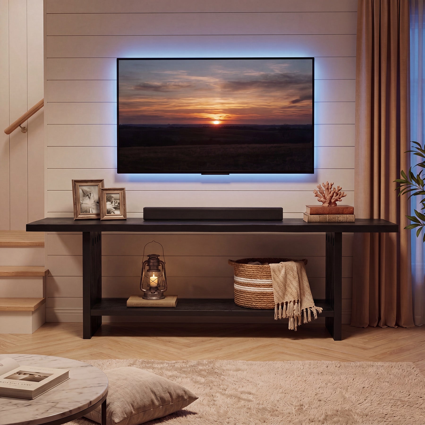 71" Solid Wood TV Stand for 55–85 Inch TVs, Farmhouse Media Console with Storage Shelf, Wooden Entertainment Center