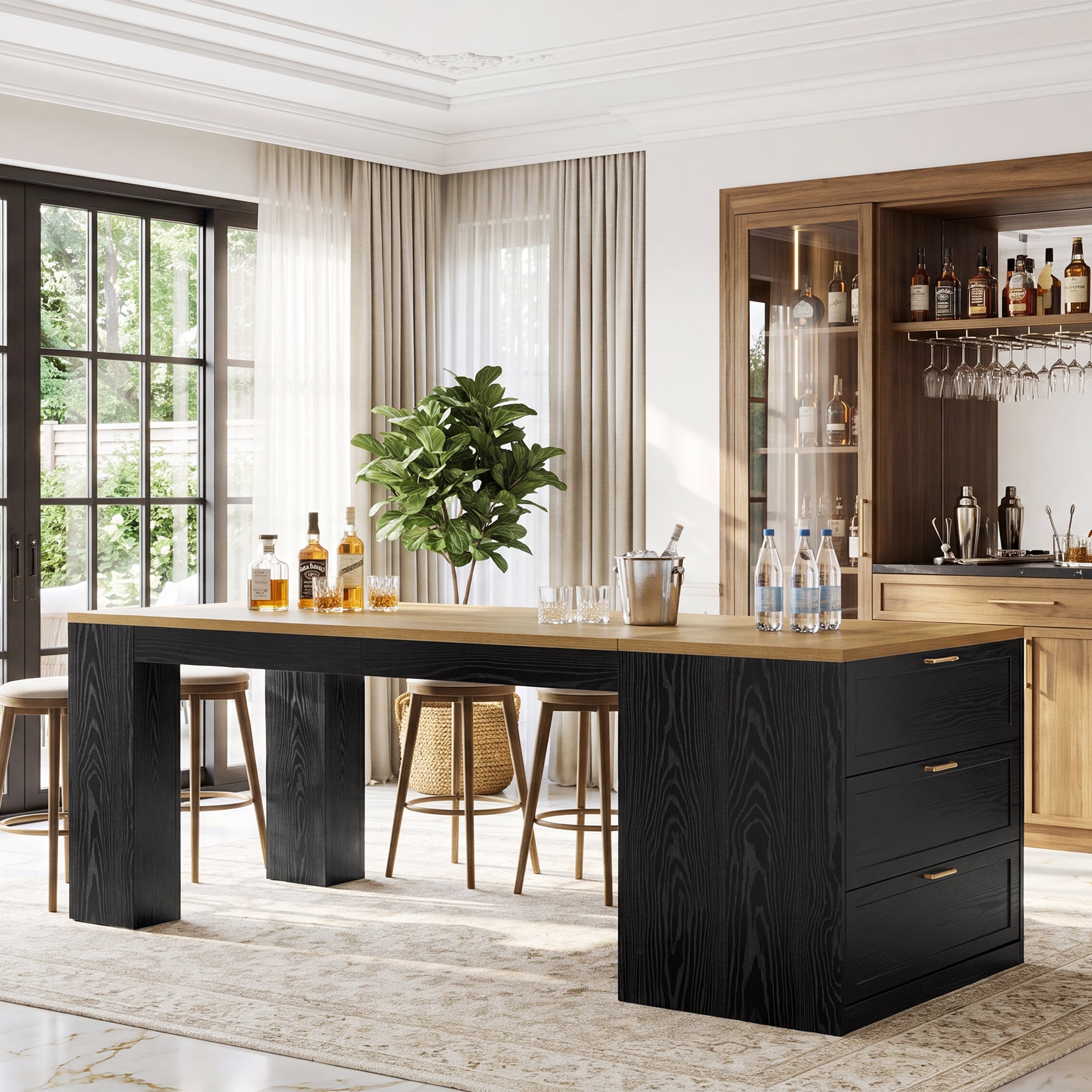 79" Extra Long Bar Table with 3 Drawers, Modern Two-Tone Counter Height Table
