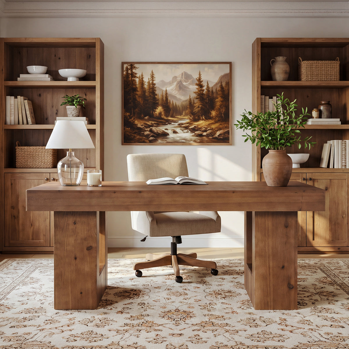 63" Solid Wood Computer Desk, Rectangular Home Office Desk with Sturdy Pedestal Base