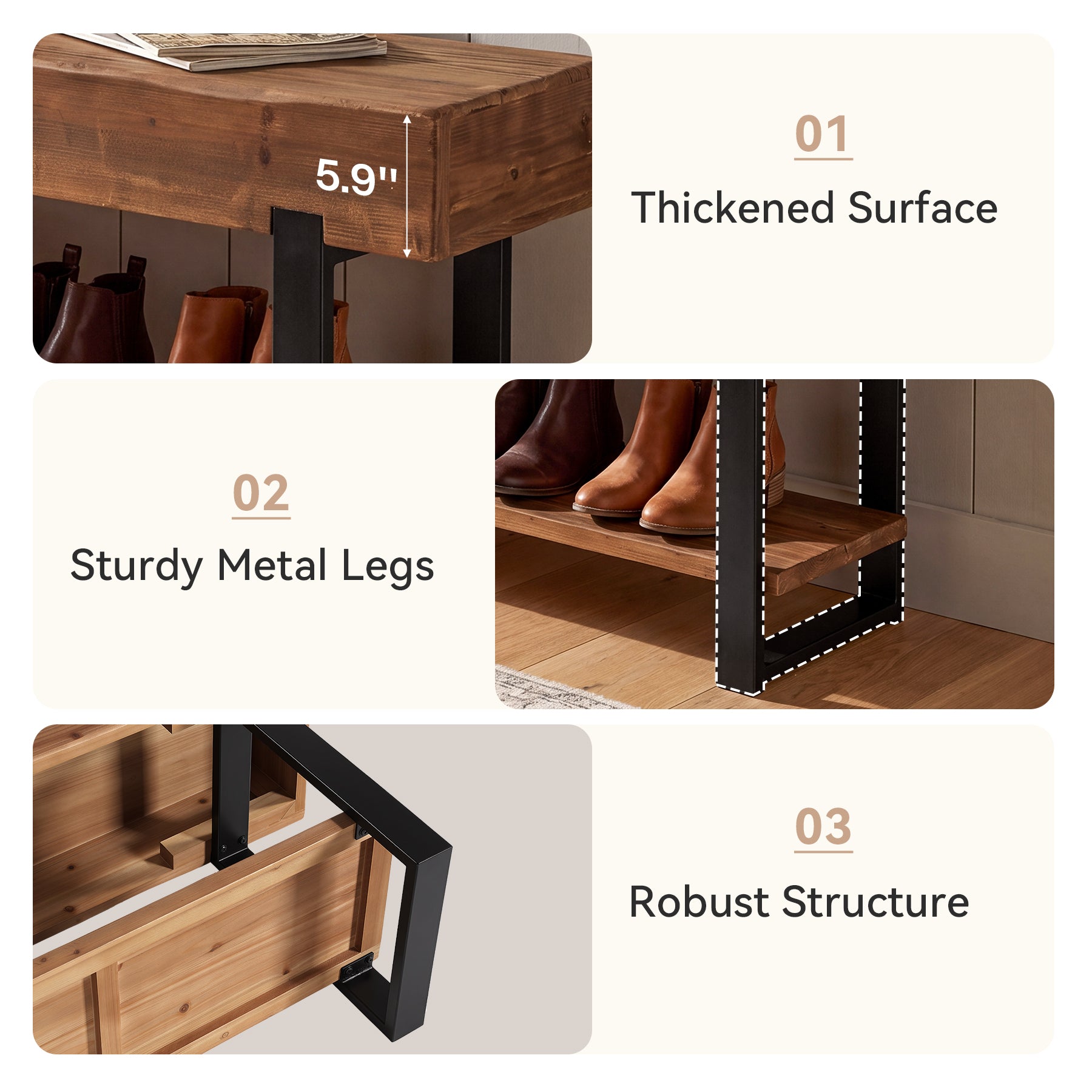 63" Solid Wood Entryway Bench, 2-Tier Shoe Storage Bench with Metal Frame