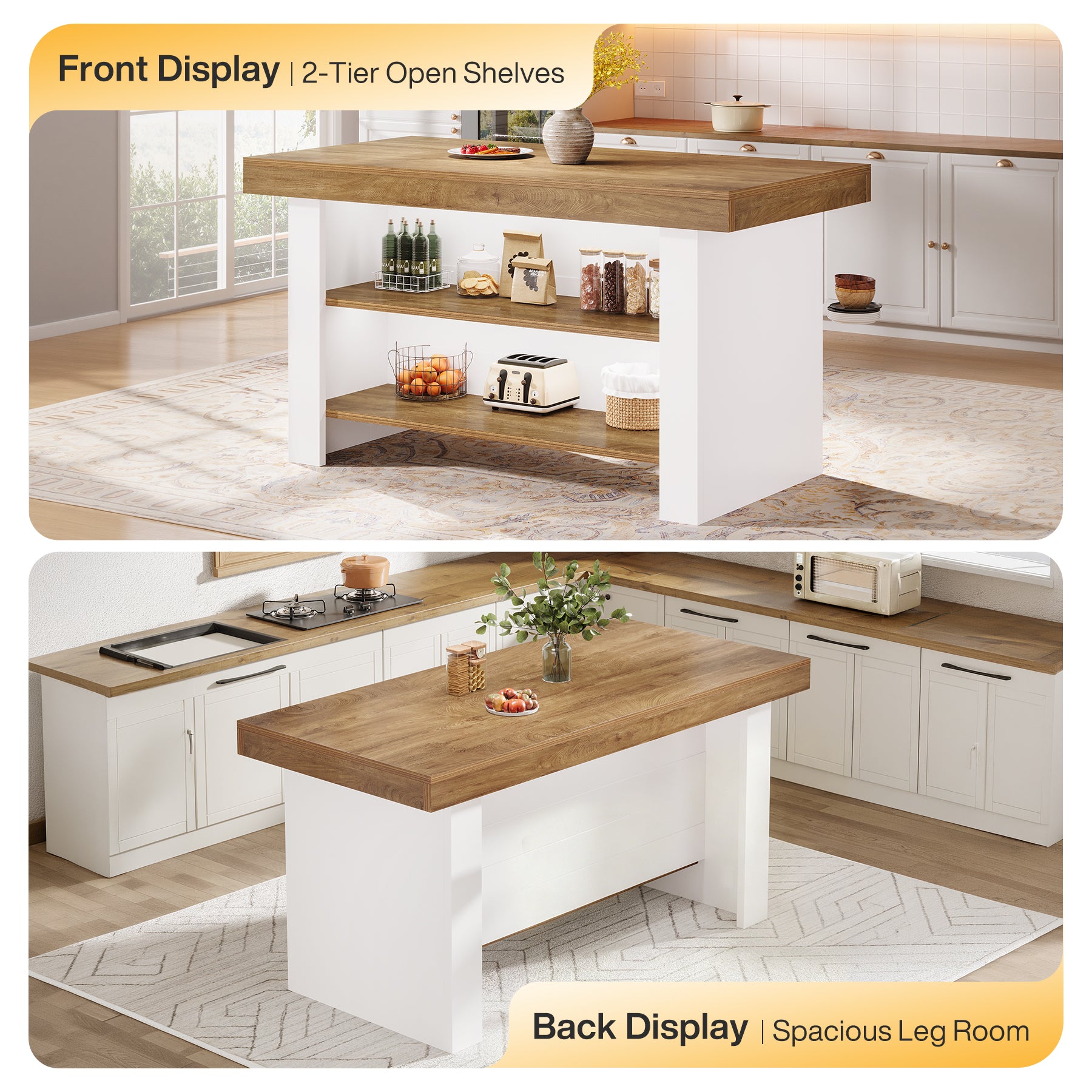 55" Kitchen Island, Farmhouse Center Island with 2 Tier Storage