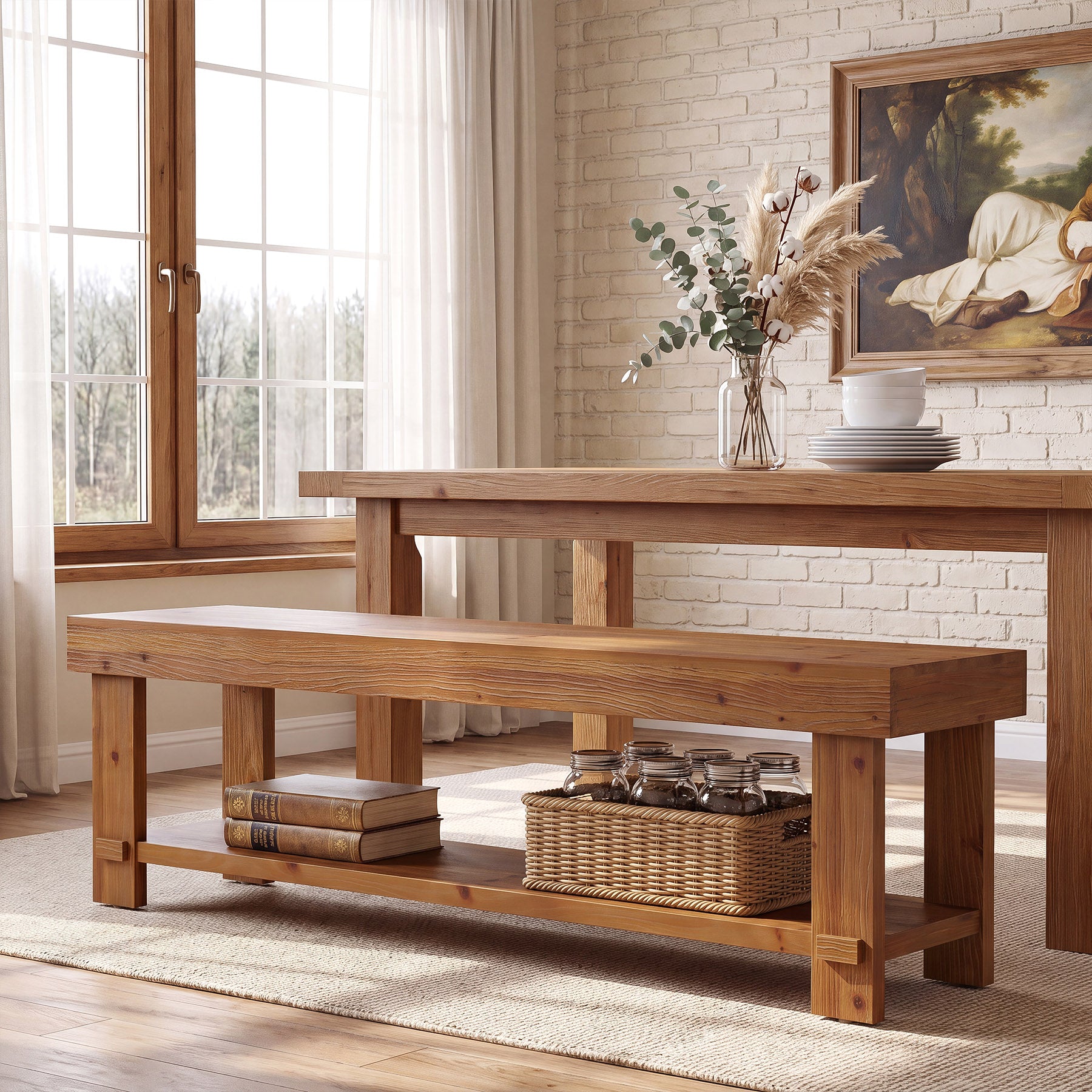 63" Solid Wood Entryway Bench, 2-Tier Shoe Bench End of Bed Bench with Storage