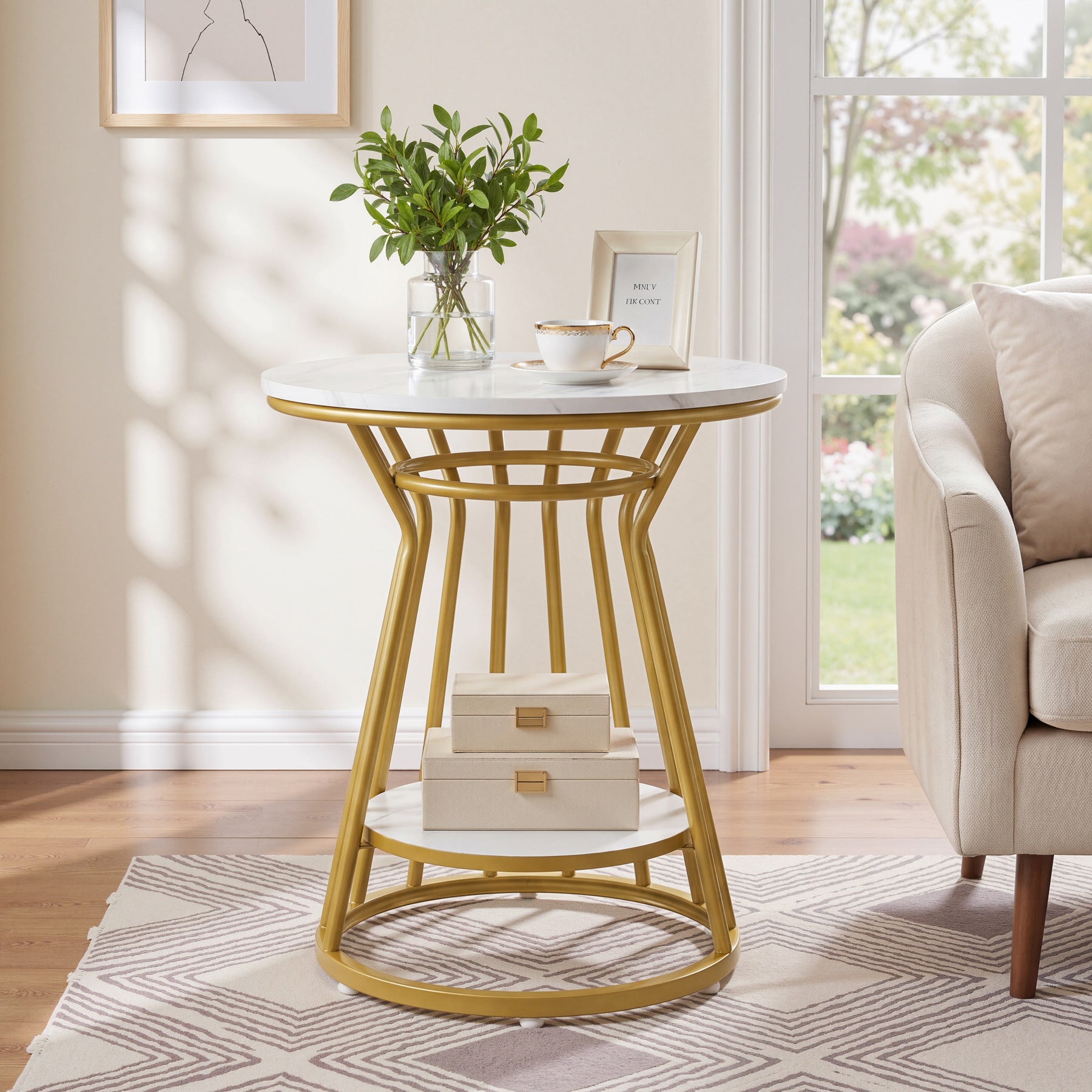 Round End Table, 2-Tier Accent Side Table with Faux Marble Veneer & Metal Frame