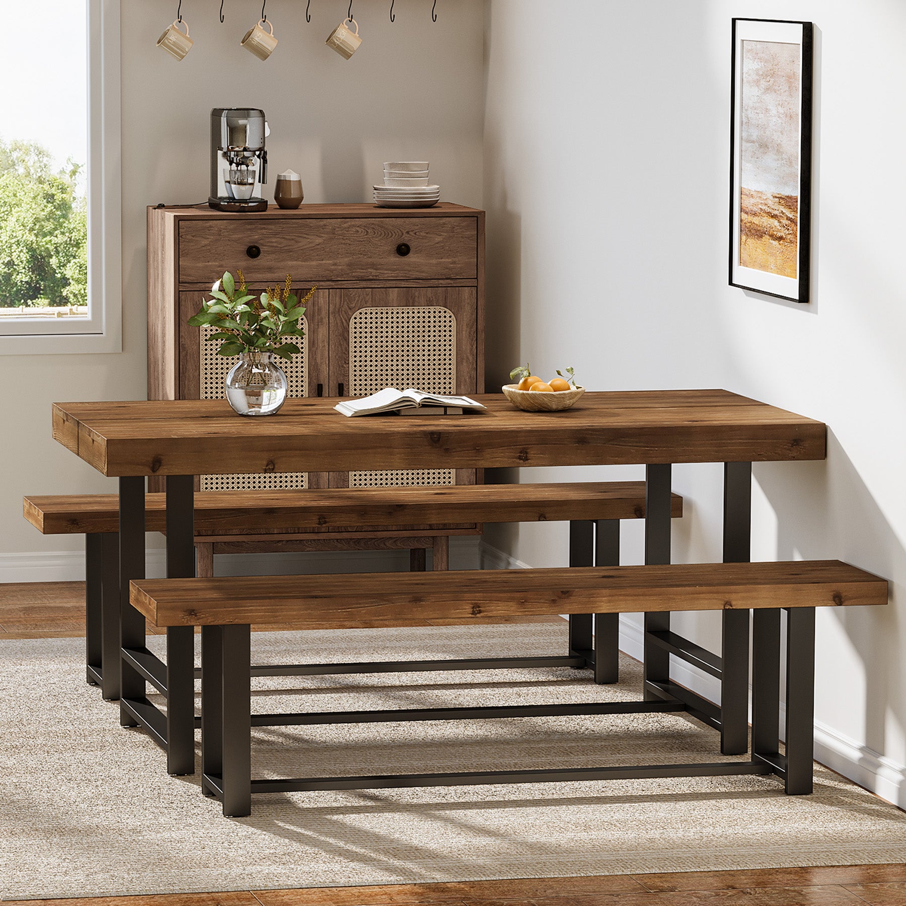 55" Dining Table Set, Solid Wood 3-Piece Rectangle Dinette Set with 2 Benches
