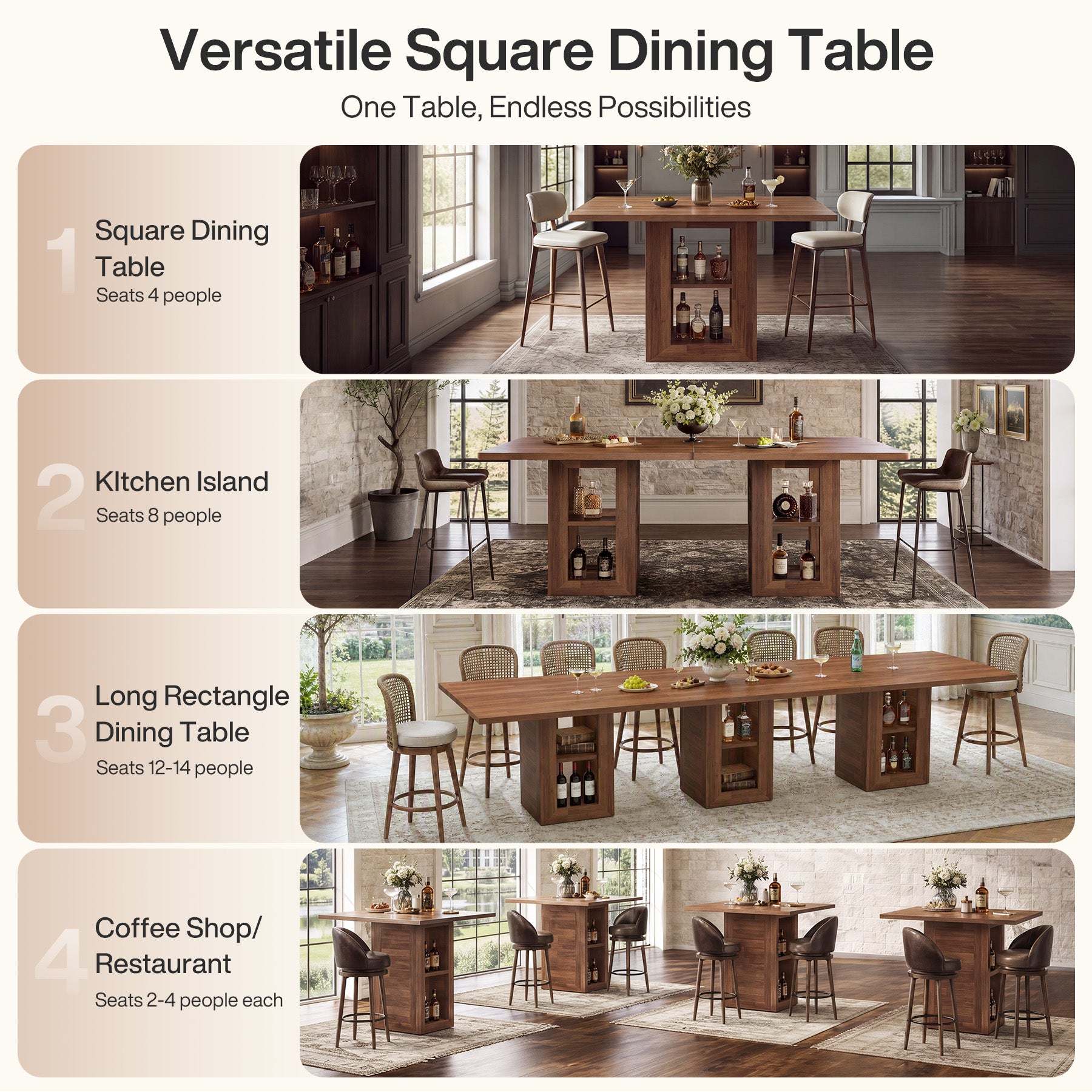 47" Square Counter Height Dining Table with Open Storage, High Top Kitchen Table