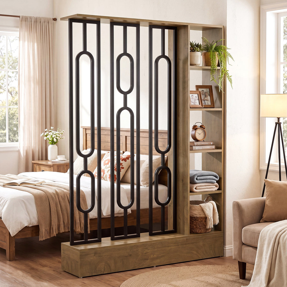 71" Room Divider with Open Storage Shelves, Freestanding Wall Partition Separation