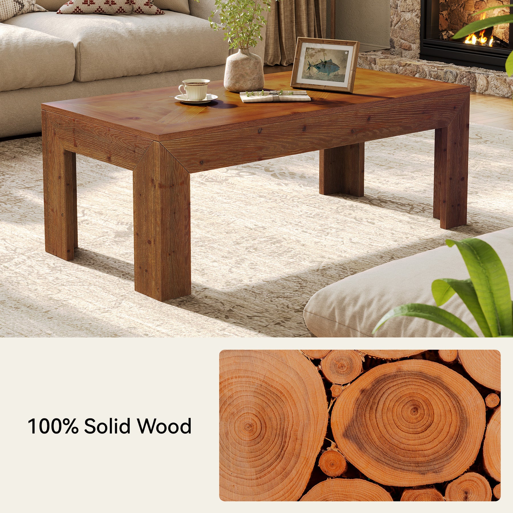 47" Solid Wood Coffee Table, Rectangular Center Cocktail Table