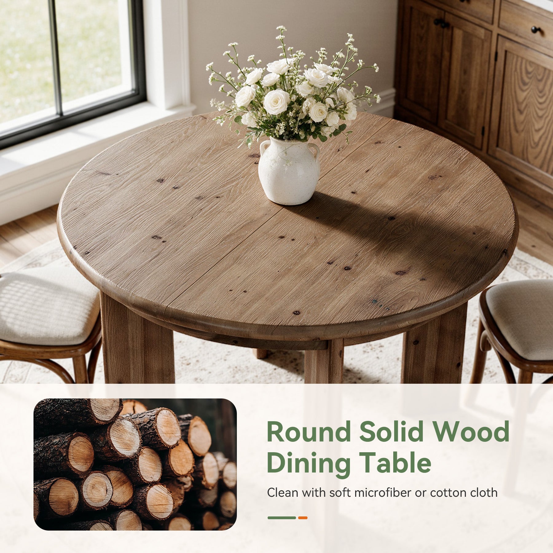 47" Round Dining Table for 4-6, Farmhouse Solid Wood, 4 Thick Pillar Legs, Kitchen Table