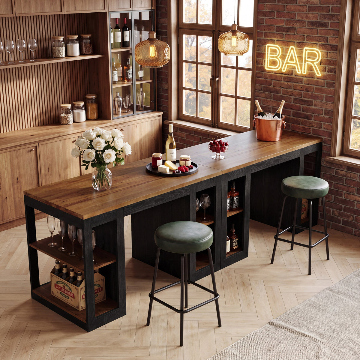 63" Solid Wood Counter Height Bar Table with 2-Tier Storage & Thick Top