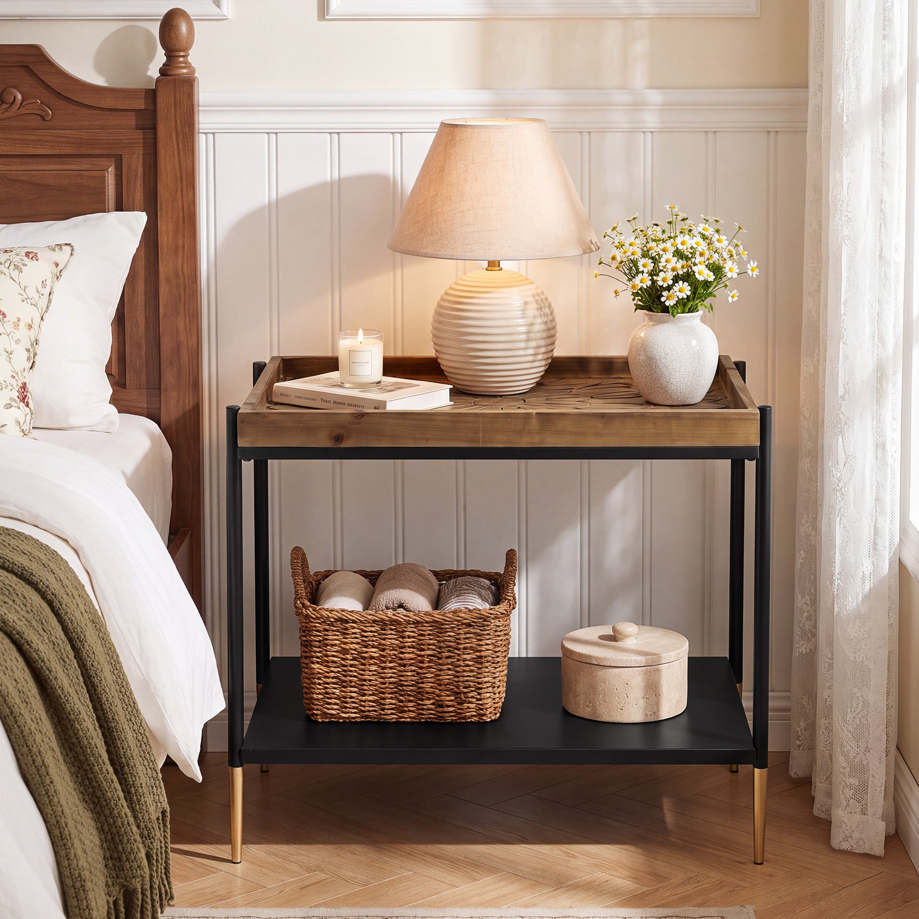 27.5" 2-Tier End Table with Storage Shelf, Solid Wood Side Table for Living Room