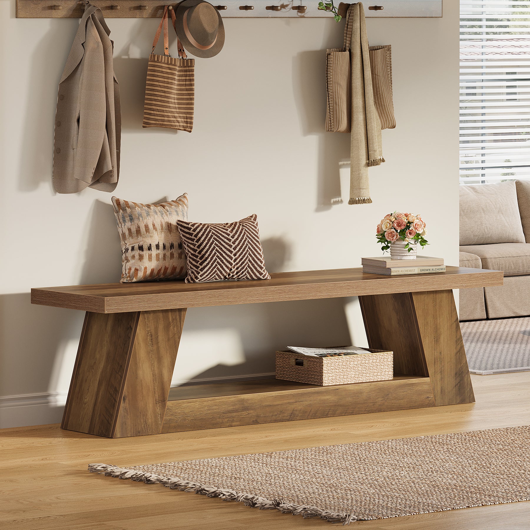 63" Entryway Bench with Storage Shelf, 2-Tier End of Bed Bench