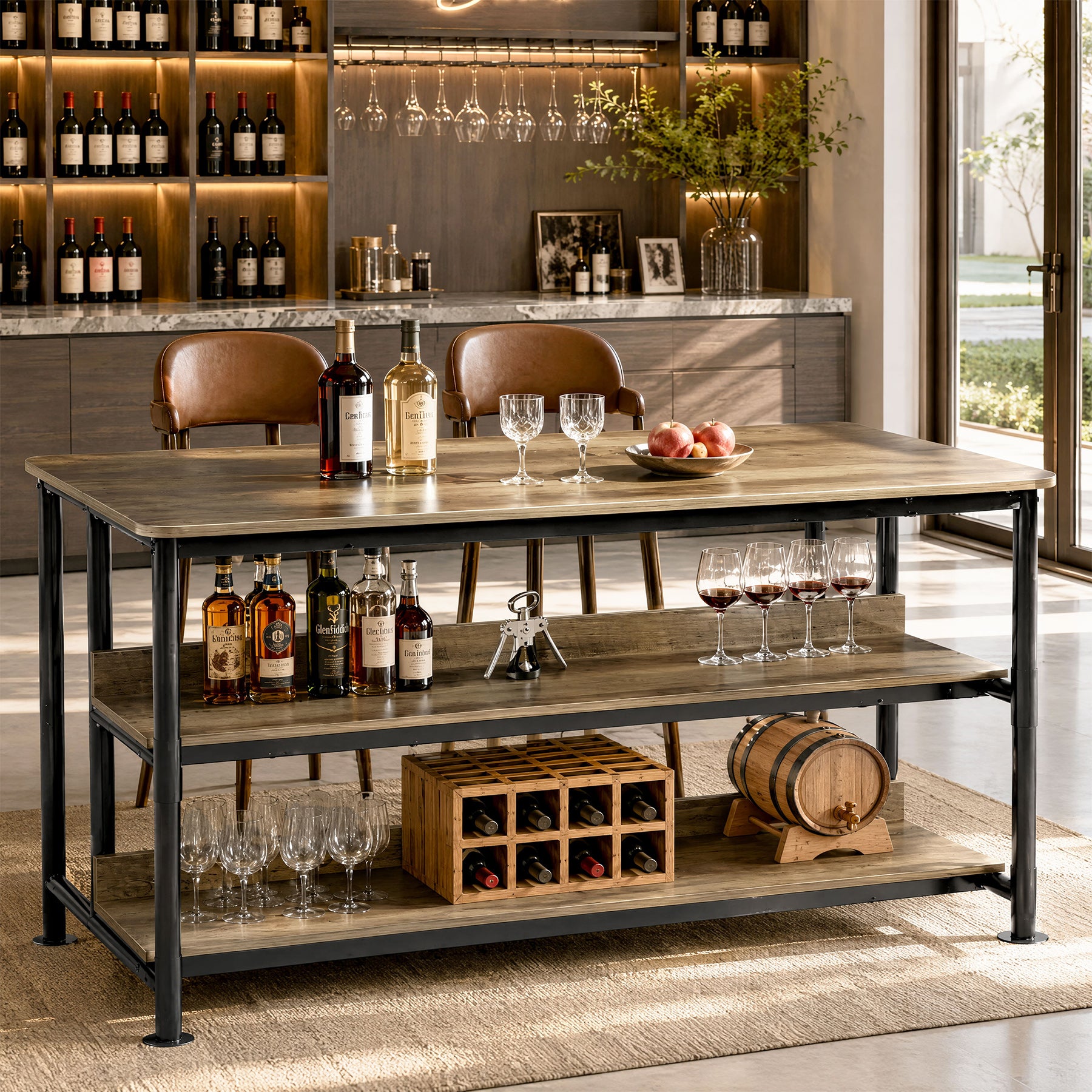 59" Home Bar Table with 3-Tier Storage Shelves, Counter Height, Kitchen Dining Room Pub Table