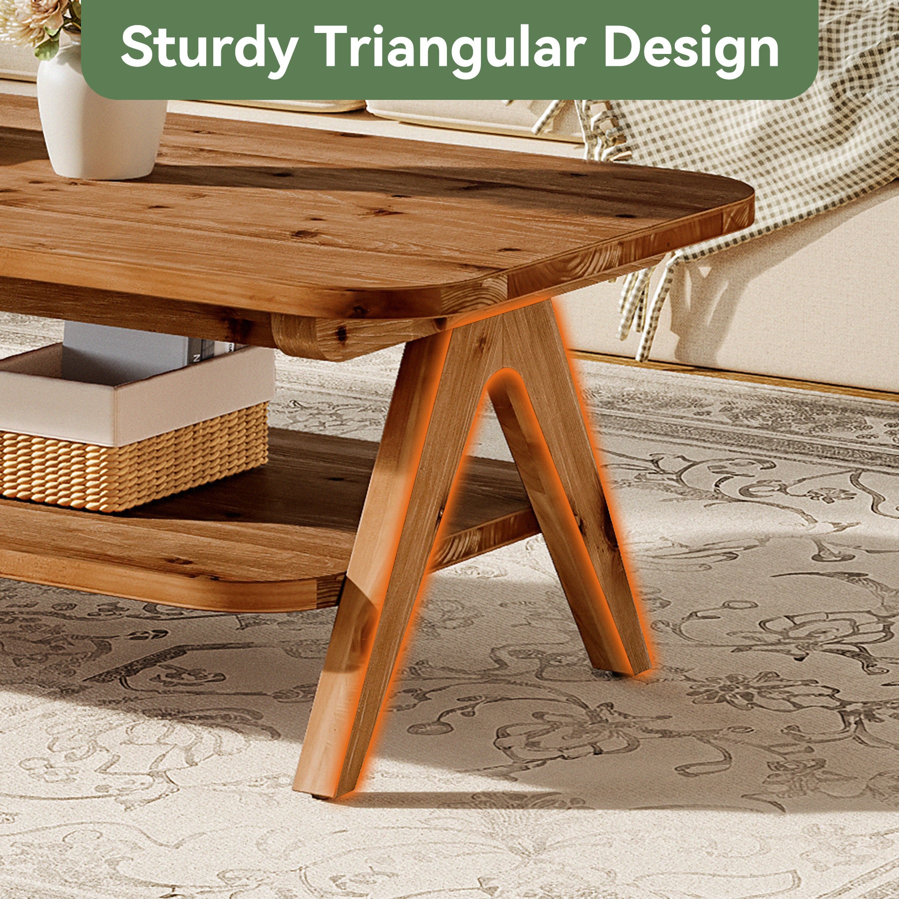 47" Coffee Table, Solid Wood 2-Tier Center Table with Storage Shelf