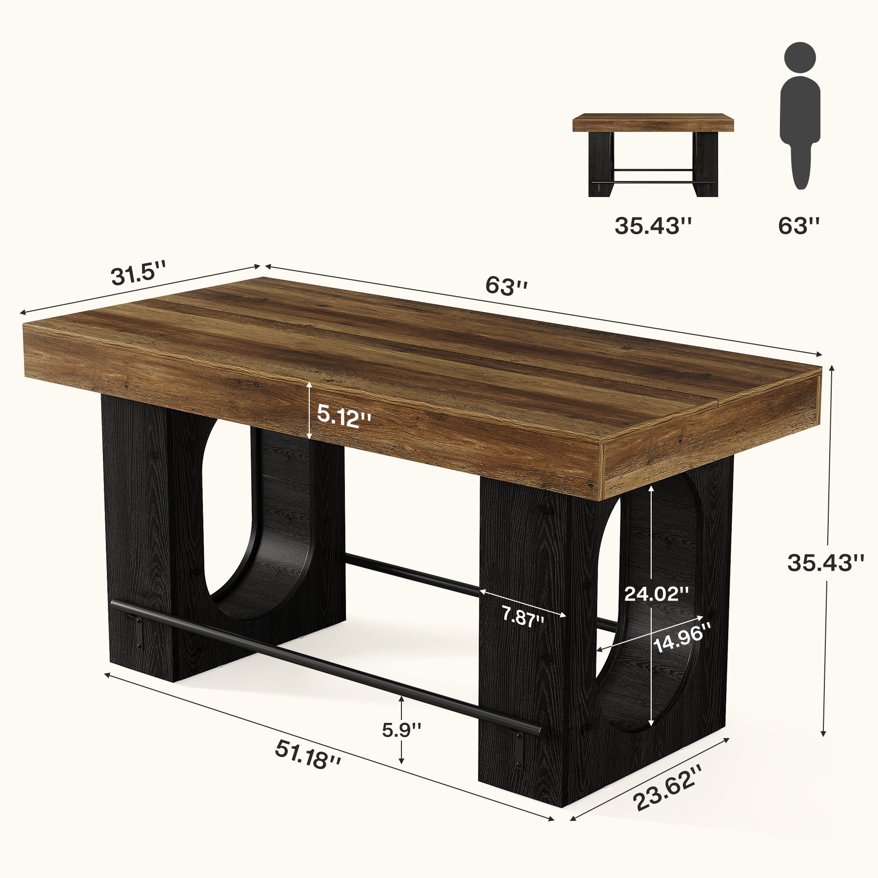 63" Bar Table, Industrial Counter Height Pub Table with Metal Footrest for Kitchen