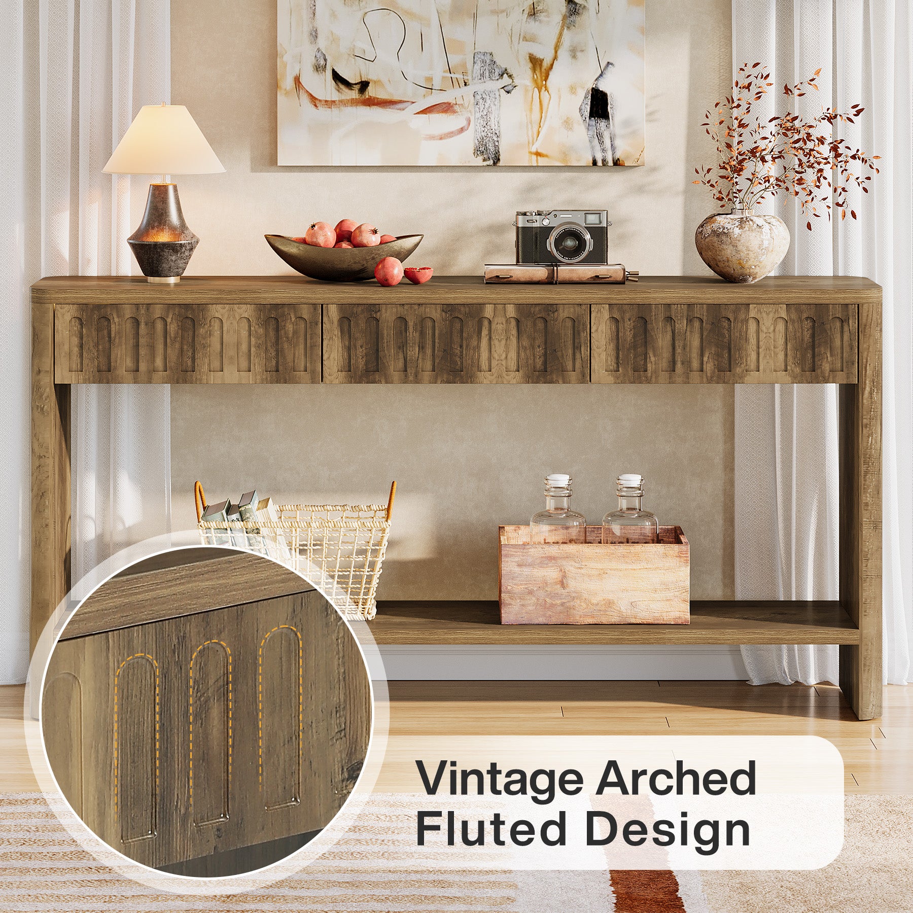63" Rustic Fluted Console Table, Wood Entryway Table  with 3 Drawers for Living Room