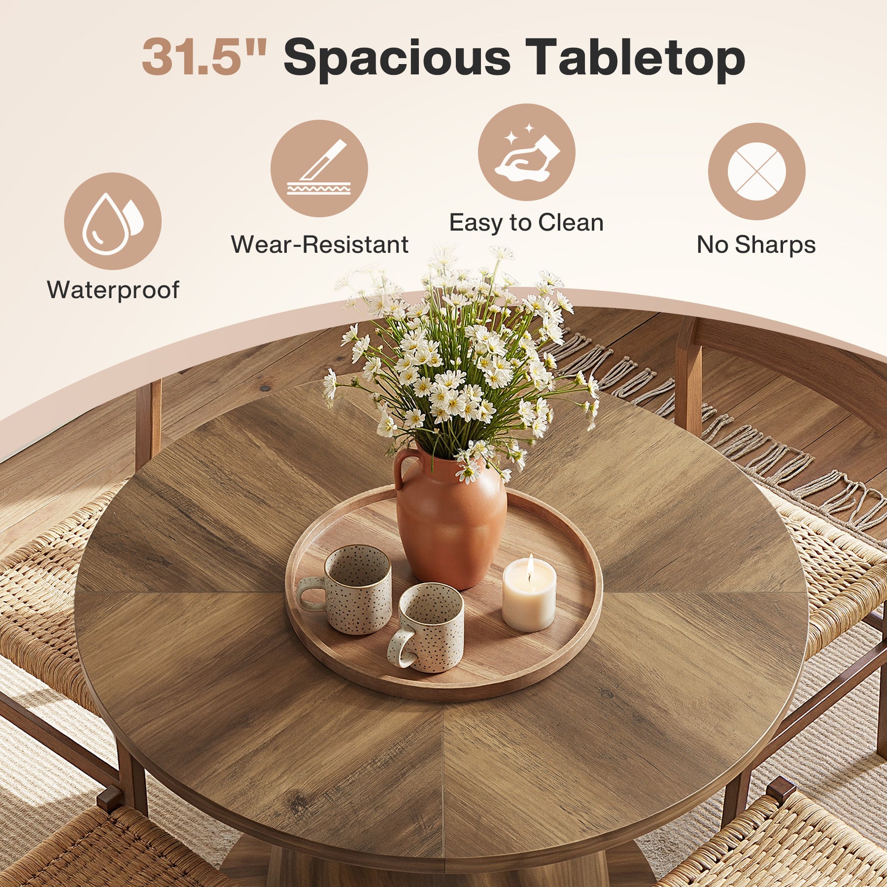 31.5" Small Round Dining Table, Kitchen Table with Sturdy Base for 2-4 People
