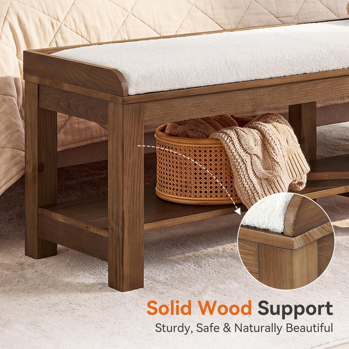 63" Solid Wood Dining Bench, Upholstered Kitchen Bench with Lower shelf