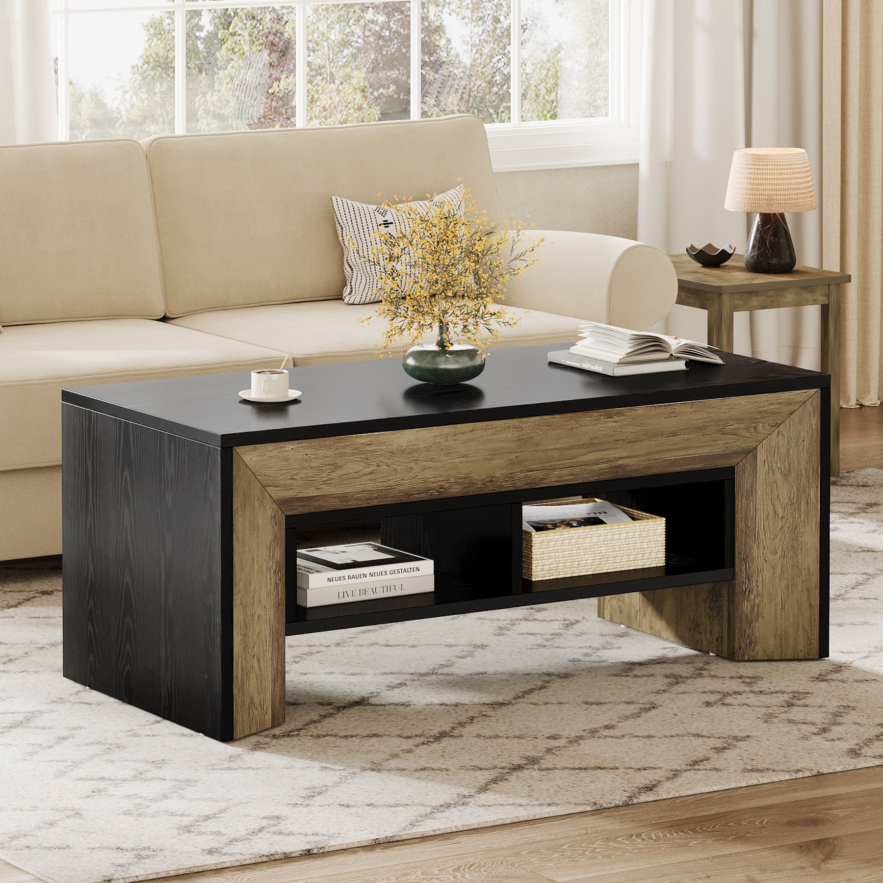 47" Modern Coffee Table, Rectangular Center Table with 2-Tier Storage