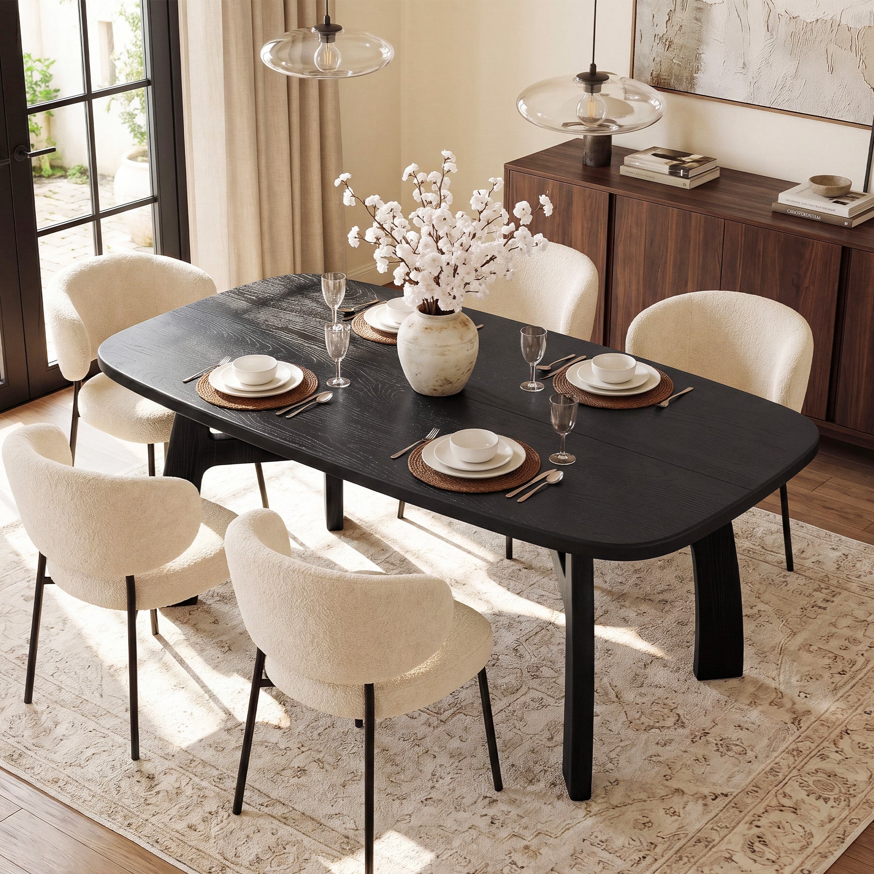 63-Inch Dining Table for 6-8, Solid Wood Kitchen Table with H-Frame for Dining Room