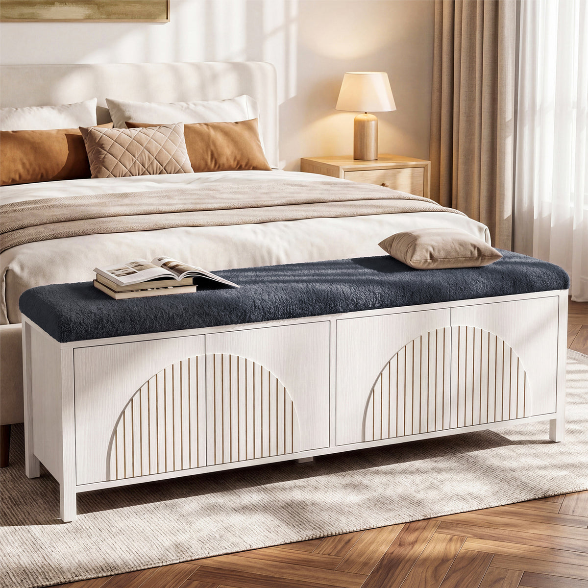 55" Entryway Bench, 2-Tier Shoe Storage Bench with Thickened Padded Seat Cushion
